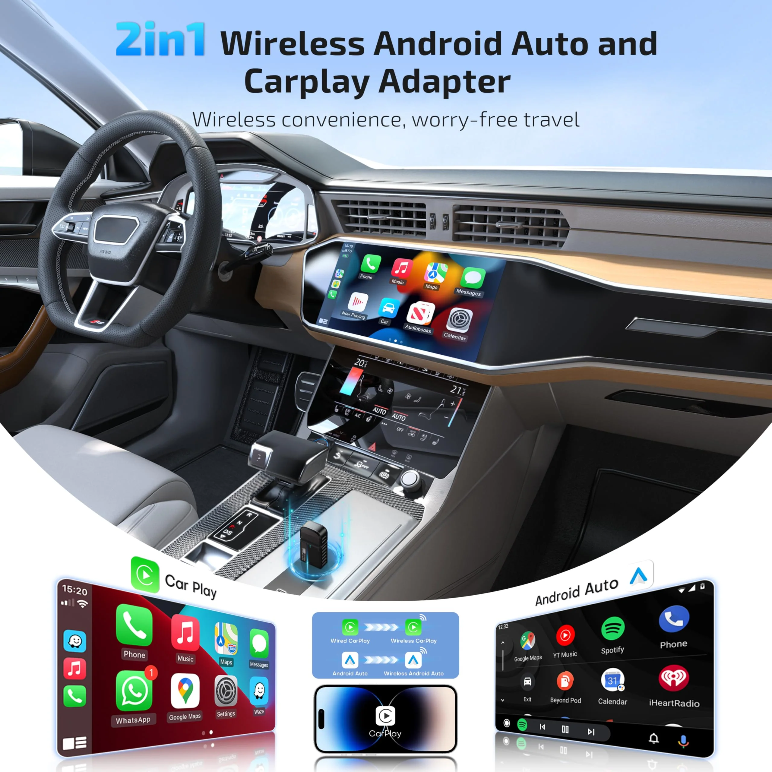 ByteWave Wireless Android Auto & CarPlay Adapter 2-in-1 Converts Wired to Wireless 2025 Upgraded, Plug-and-Play Dongle with Low Latency, Connect for iOS10+/Android 11+ Cars - Brown - Image 2