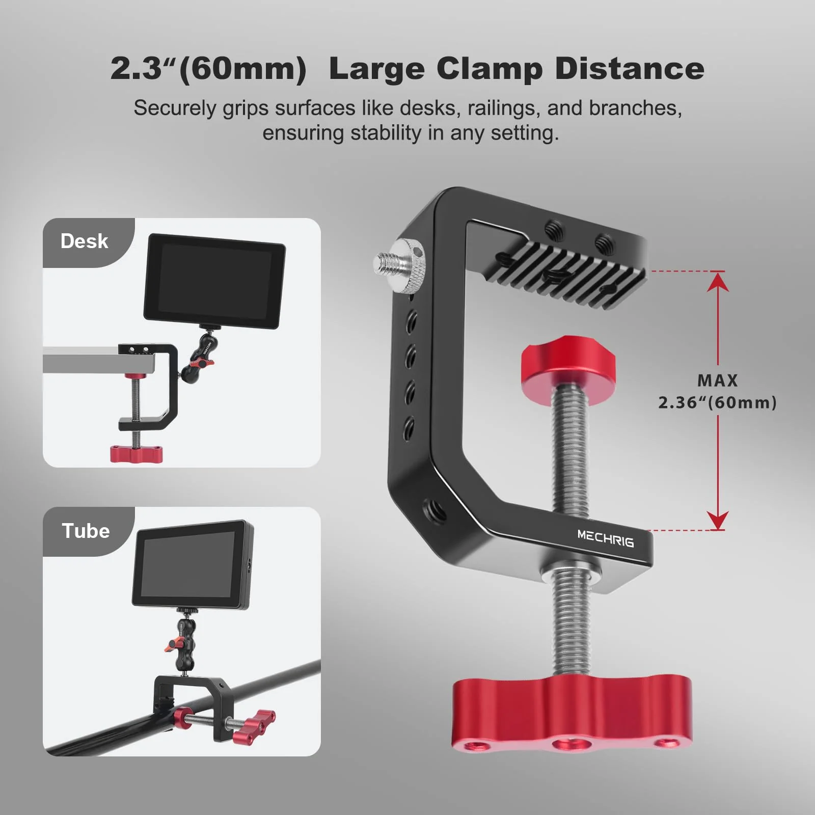 C Clamp Desk Camera Mount, Aluminum Table C-clamp with 1/4" 3/8" Thread, Desktop DSLR Mount for Photo Studio Video Camera, Light Stand, Desk, Rods, Shelves, Bike, Max Clamp 2.36" (62021) - Image 3