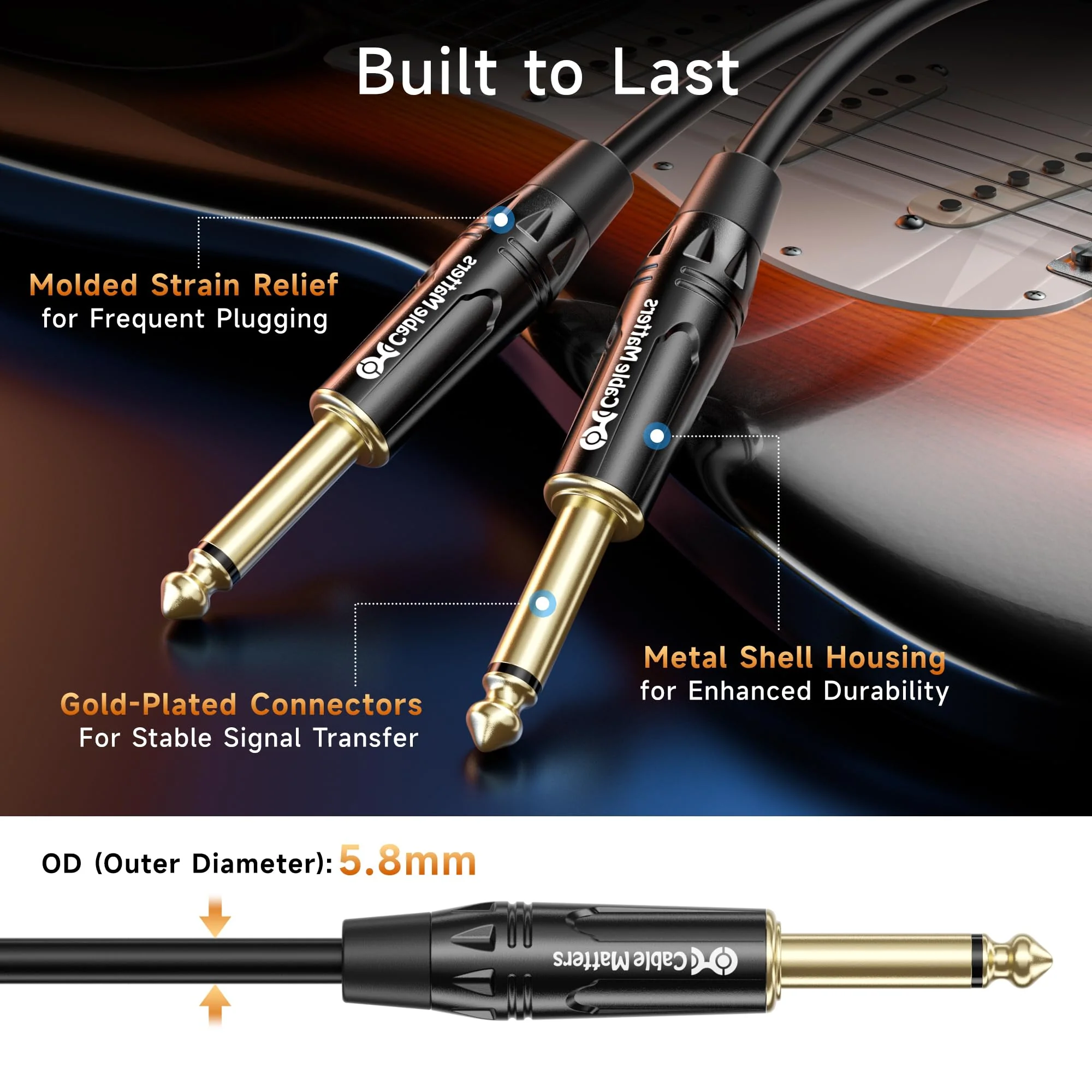 Cable Matters 2-Pack 1/4 Inch TS to TS Electric Guitar Cable - 25ft, Guitar Amp Cord, Instrument Cable for ElectricGuitar, Mandolin, Bass AMP, Keyboard, Mixer, Equalizer 25 ft Regular - Image 6
