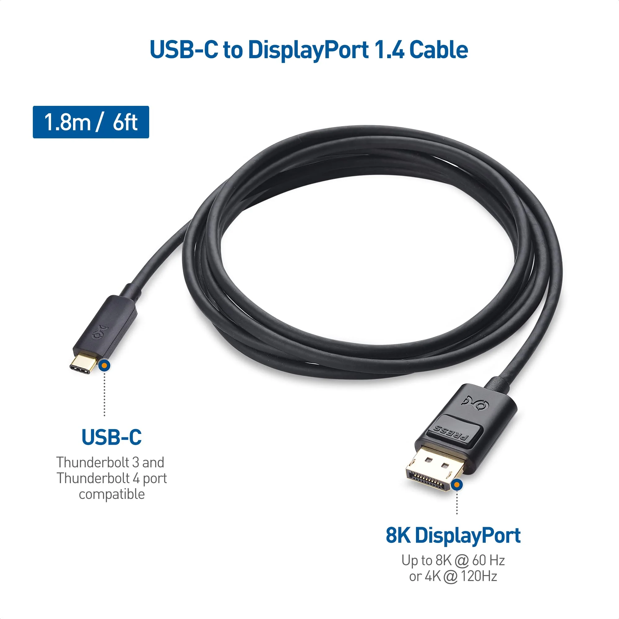 Cable Matters 32.4Gbps Bidirectional USB C to DisplayPort 1.4 Cable 6 ft Support 8K 60Hz/4K 240Hz (Thunderbolt 4 to DisplayPort, DisplayPort to USB C Cable) Black - Works with iPhone 15 MacBook XPS - Image 2