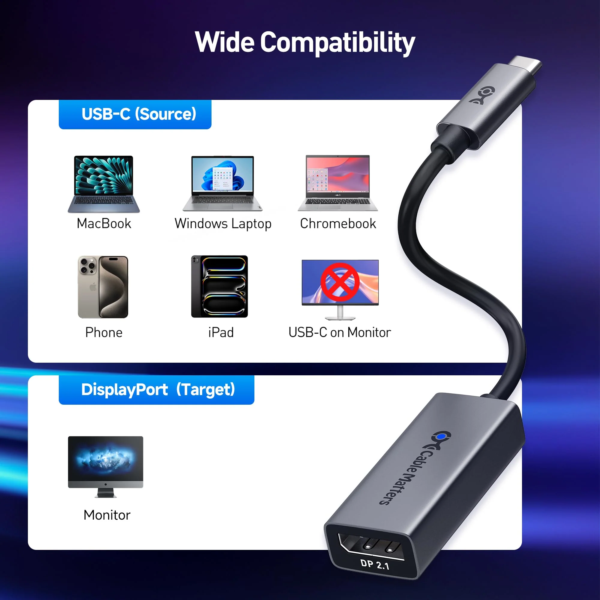 Cable Matters 80Gbps USB C to DisplayPort 2.1 Adapter, 16K@60hz, 8K@240hz, 4K@960Hz and HDR Support - Thunderbolt 5/4, USB4 Compatible with VR Headset, MacBook Pro, iPad Pro, XPS, Surface Pro - Image 6