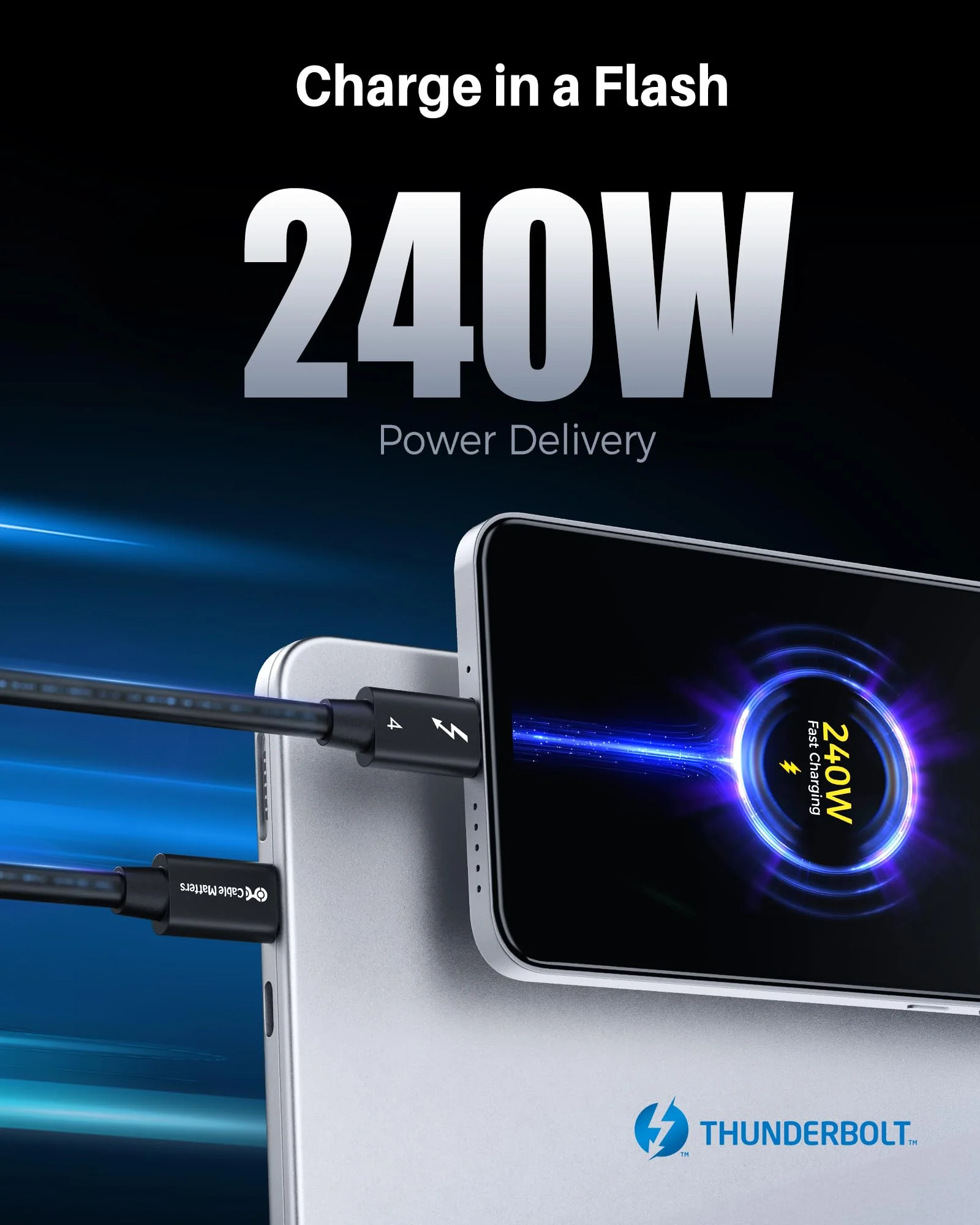 Cable Matters [Intel Certified] 40Gbps Thunderbolt 4 Cable 1ft with 8K Video and 240W Charging - 0.3m, Compatible with USB4, Thunderbolt 3 Cable and USB-C 1 Foot Black - Image 4