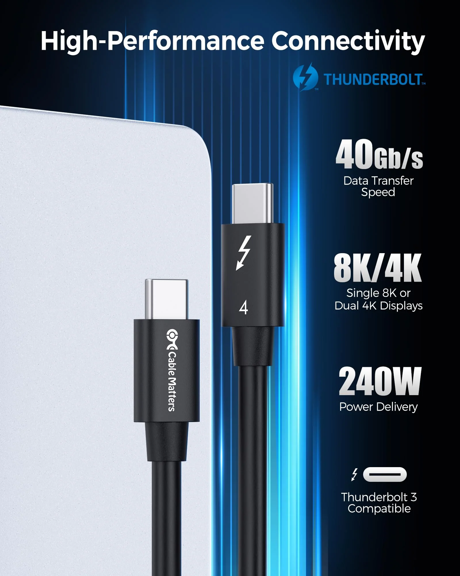 Cable Matters [Intel Certified] 40Gbps Thunderbolt 4 Cable 3.3ft with 8K Video and 240W Charging - 1m, Compatible with USB4, Thunderbolt 3 Cable and USB-C 3.3 Feet Black - Image 2