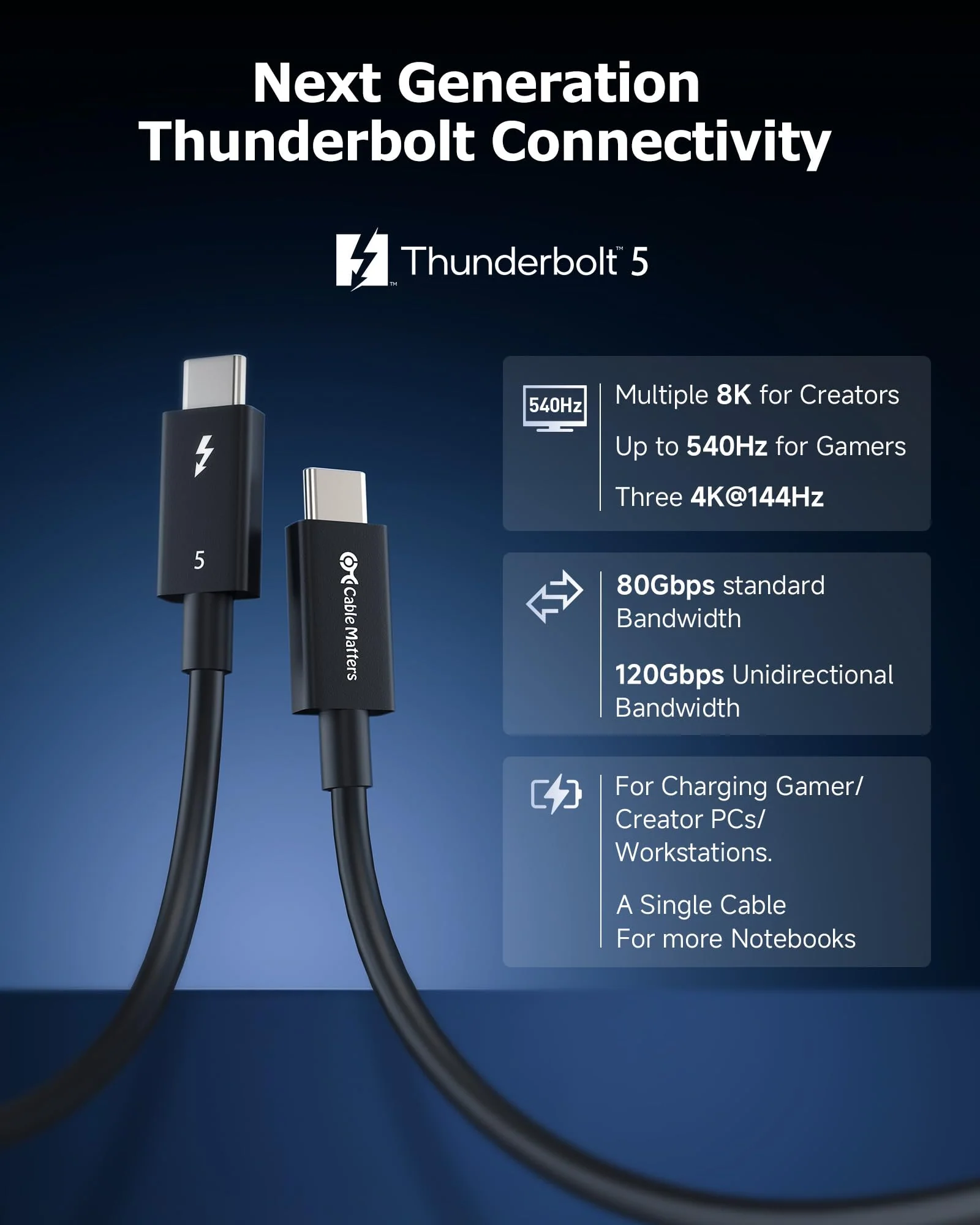 Cable Matters [Intel Certified] 80Gbps Thunderbolt 5 Cable with up to 120Gbps Bandwidth Boost and 240W Charging in Black - 1m / 3.3ft, Compatible with Thunderbolt 4, USB4, Thunderbolt 3 and USB-C 3.3 ft - Image 2