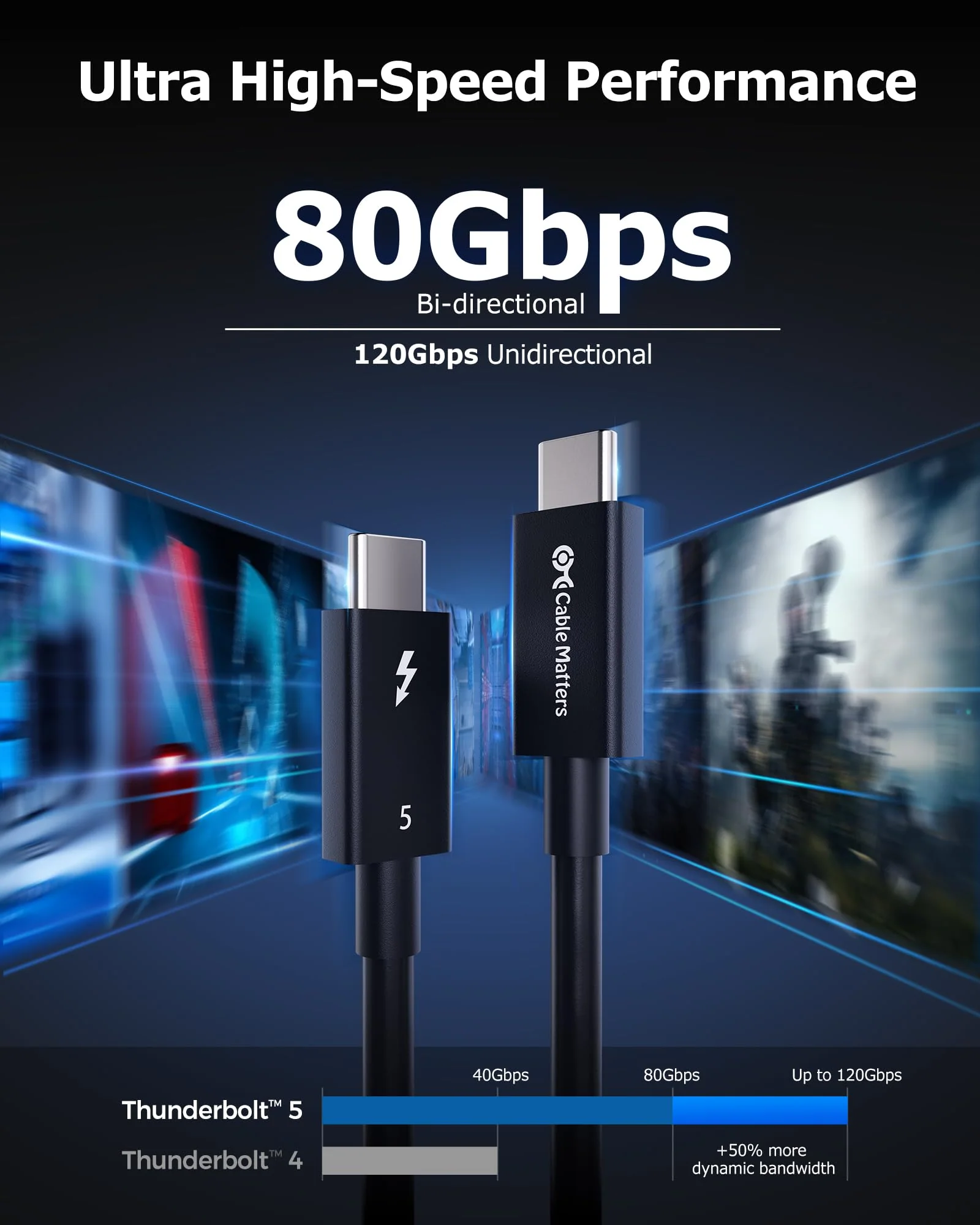 Cable Matters [Intel Certified] 80Gbps Thunderbolt 5 Cable with up to 120Gbps Bandwidth Boost and 240W Charging in Black - 1m / 3.3ft, Compatible with Thunderbolt 4, USB4, Thunderbolt 3 and USB-C 3.3 ft - Image 4