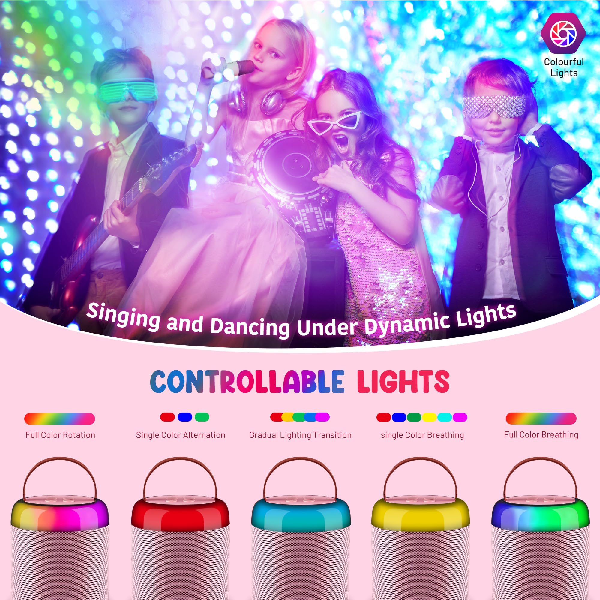 CAHAYA Karaoke Machine for Kids Gifts: Mini Bluetooth Machine with 2 Wireless Microphones Portable Karaoke Speaker with LED Lights for Kids 3 4 5 6 7 8 9 10 11 12 Years Old Singing Pink CY00369-1 - Image 4