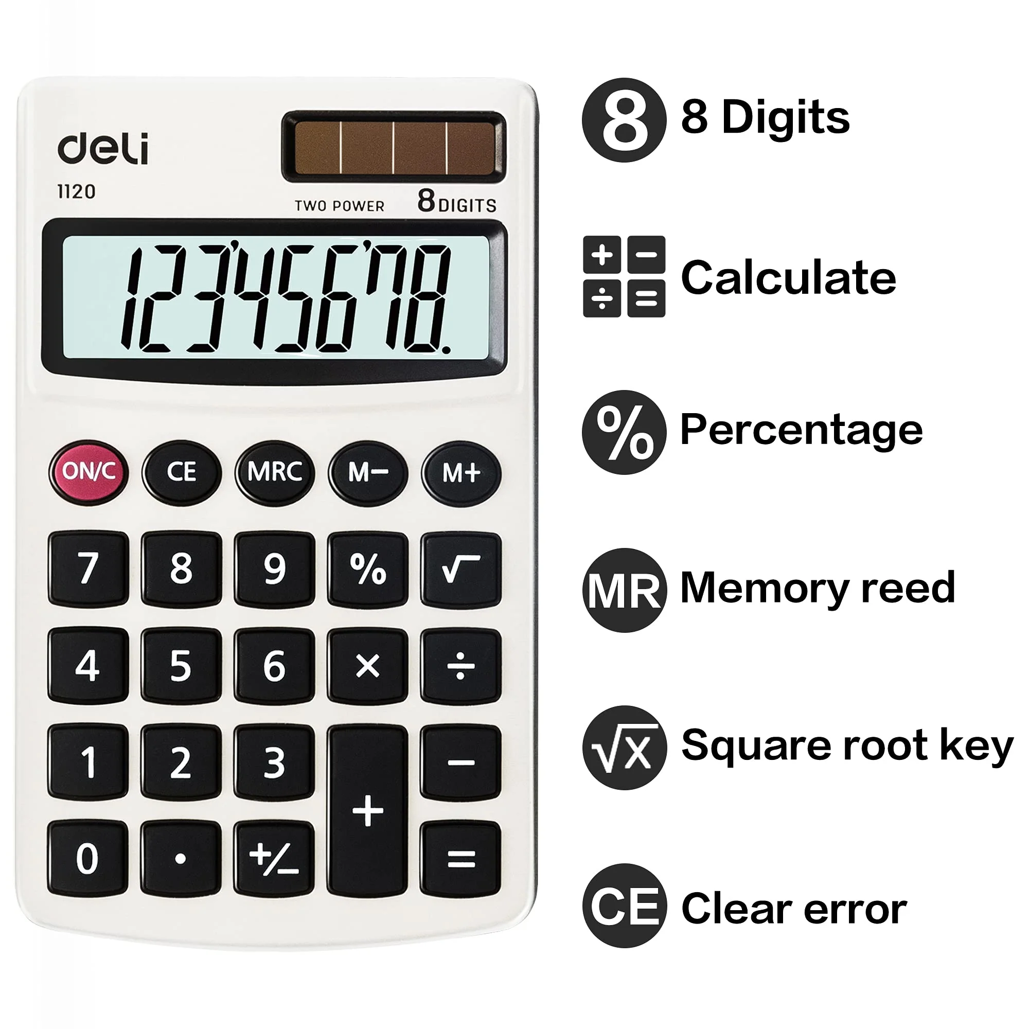 Calculator, Deli Standard Function Basic Calculators, Solar Battery Dual Power Office Calculator with Cover, Metal Panel 1 Pack - Image 3