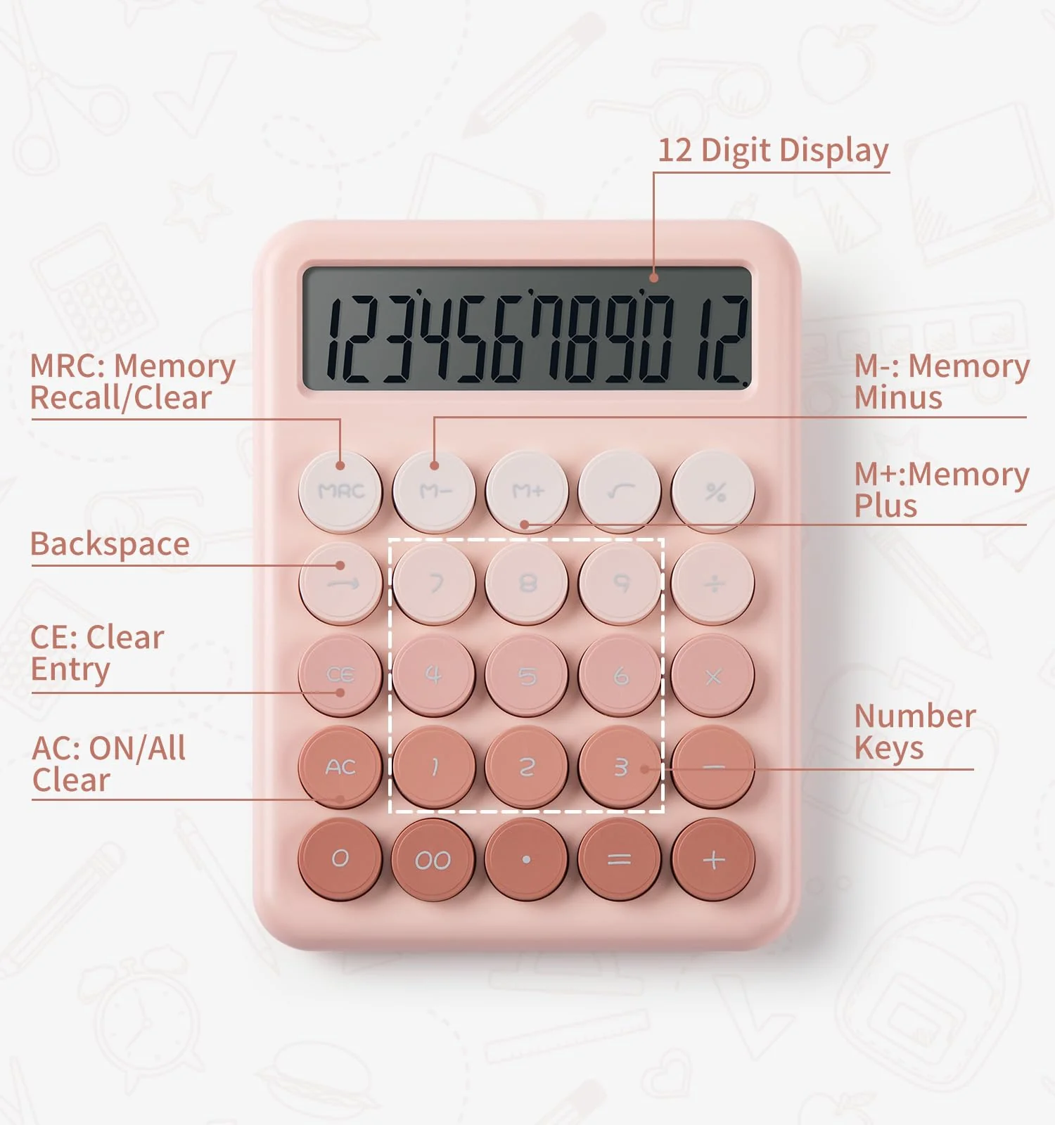 Calculator, Desk Calculators, Cute Pink Calculator, 12 Digit with Large LCD Display, Basic Standard Calculator, Big Button, Aesthetic Calculator, Mechanical Calculator for Office School - Image 4