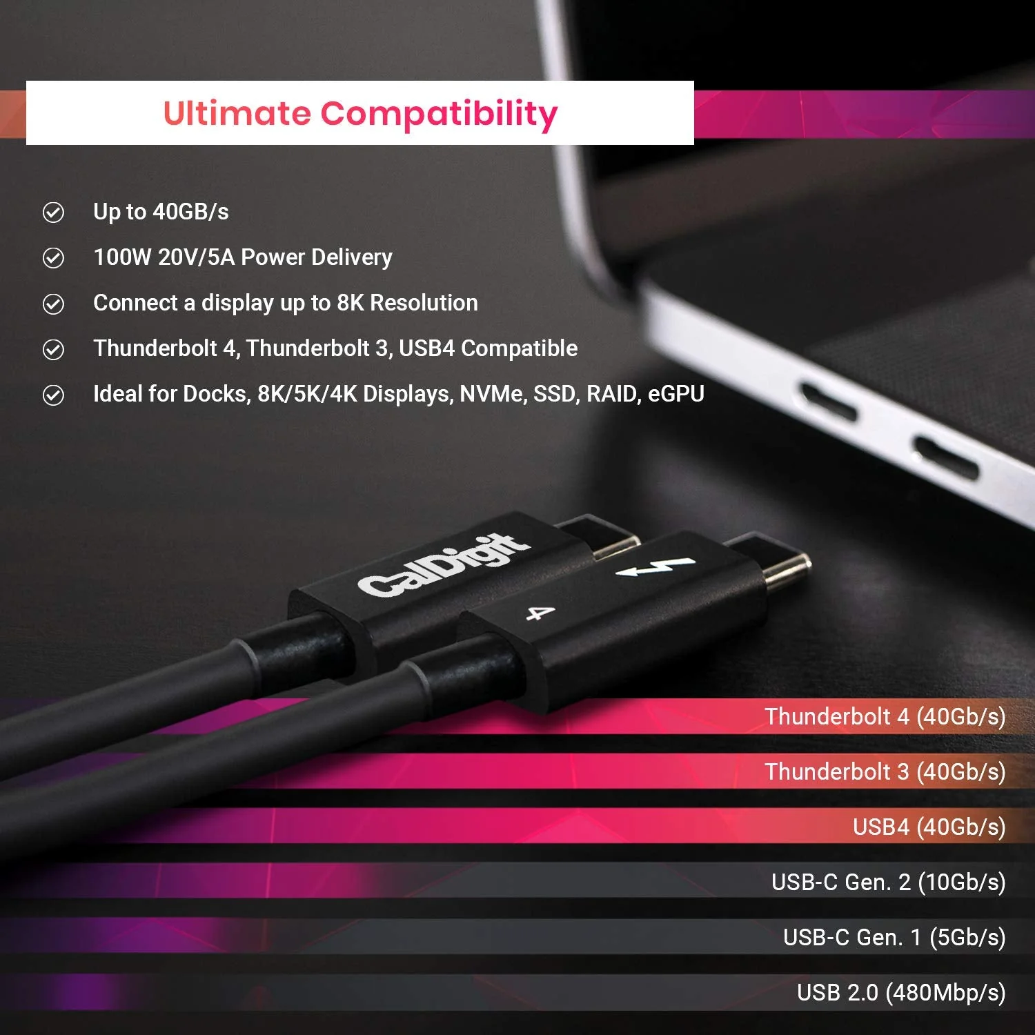 CalDigit Thunderbolt 4 Cable - 40Gbps 100W Power Delivery, Compatible with Thunderbolt 3 & USB Type C, MacBook Pro, iMac, iPhone 15 Max, Black (0.8 Meter 2.62 Feet, Thunderbolt 4 / USB 4 Cable) 0.8 Meter 2.62 Feet, Thunderbolt 4 / USB 4 Cable - Image 9
