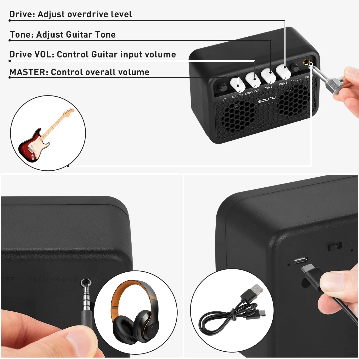 Caline Guitar Mini Amp, 5W Rechargeable Bluetooth Guitar Amplifer Combo for Desktop Practice, Dual Channel,with Headphone Jack, Black - Image 9