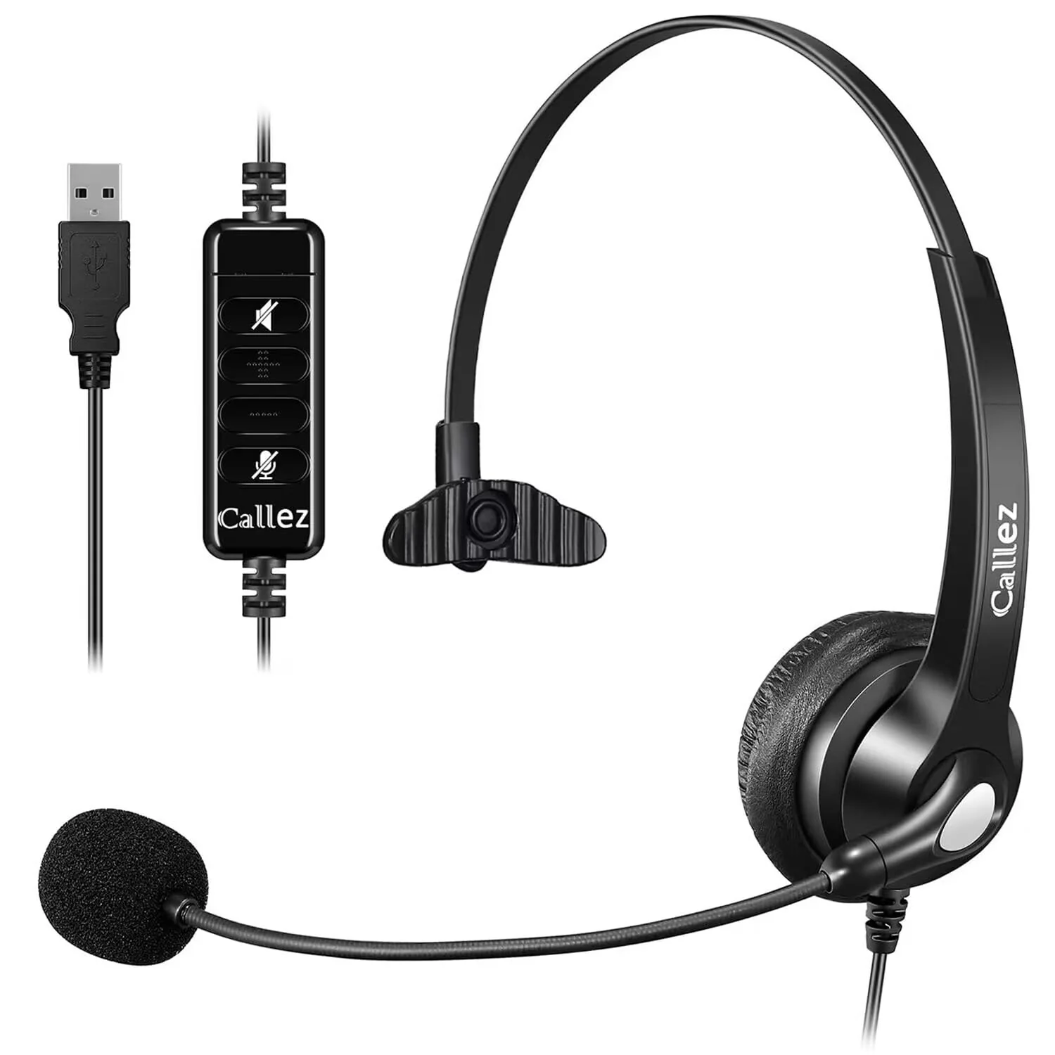 Callez USB Headset with Microphone Noise Cancelling & Audio Controls, Wideband Computer Headphones for Business UC Skype Lync Softphone Call Center Office, Clearer Voice, Super Light, Ultra Comfort Black