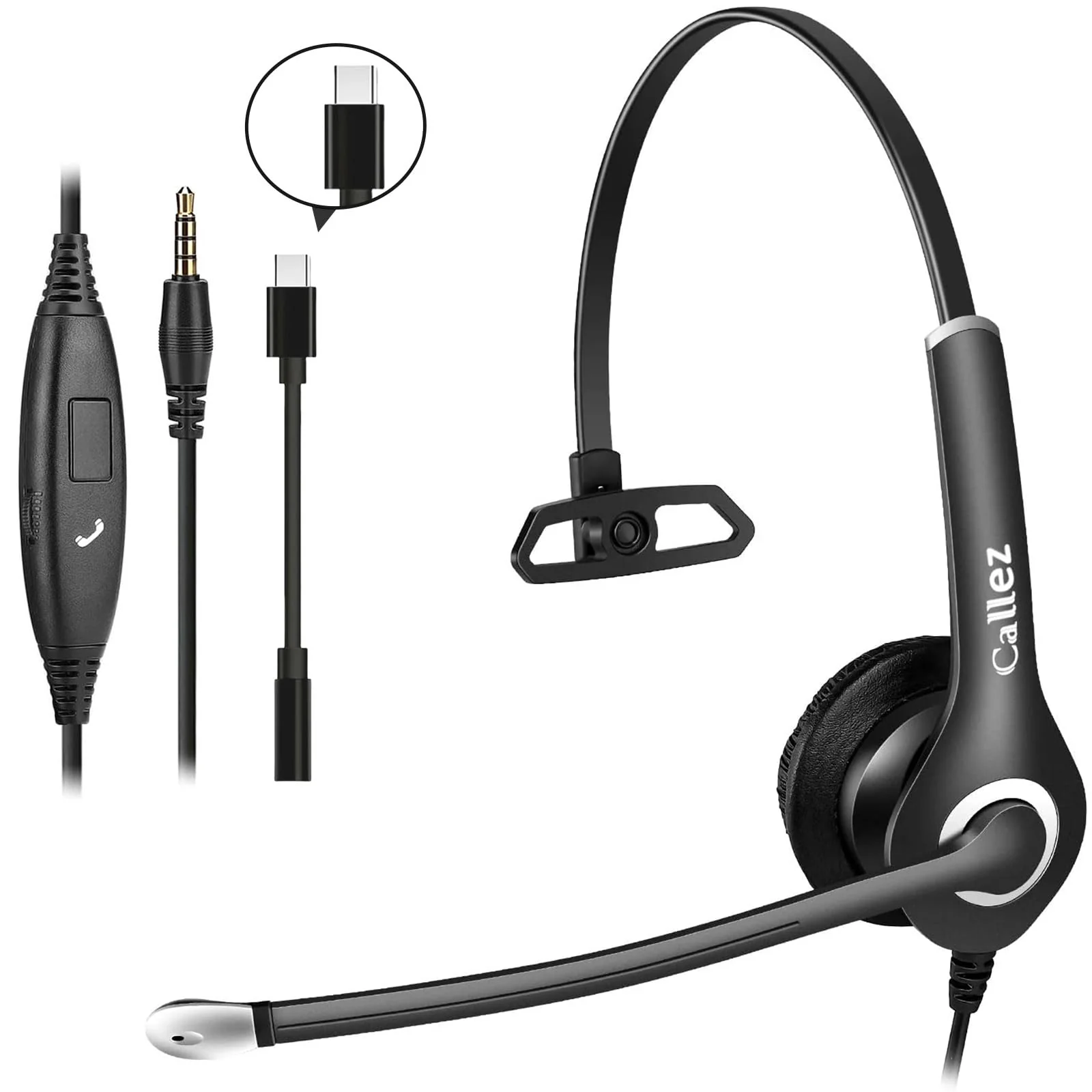 Callez Wired Computer Headset, 3.5mm/USB-C Headset with Mic Noise Cancelling, Cell Phone Headphone for PC Laptop Mac iPhone 15/16/17 Samsung Zoom Teams Call Center Home Office Work, in-line Controls Black