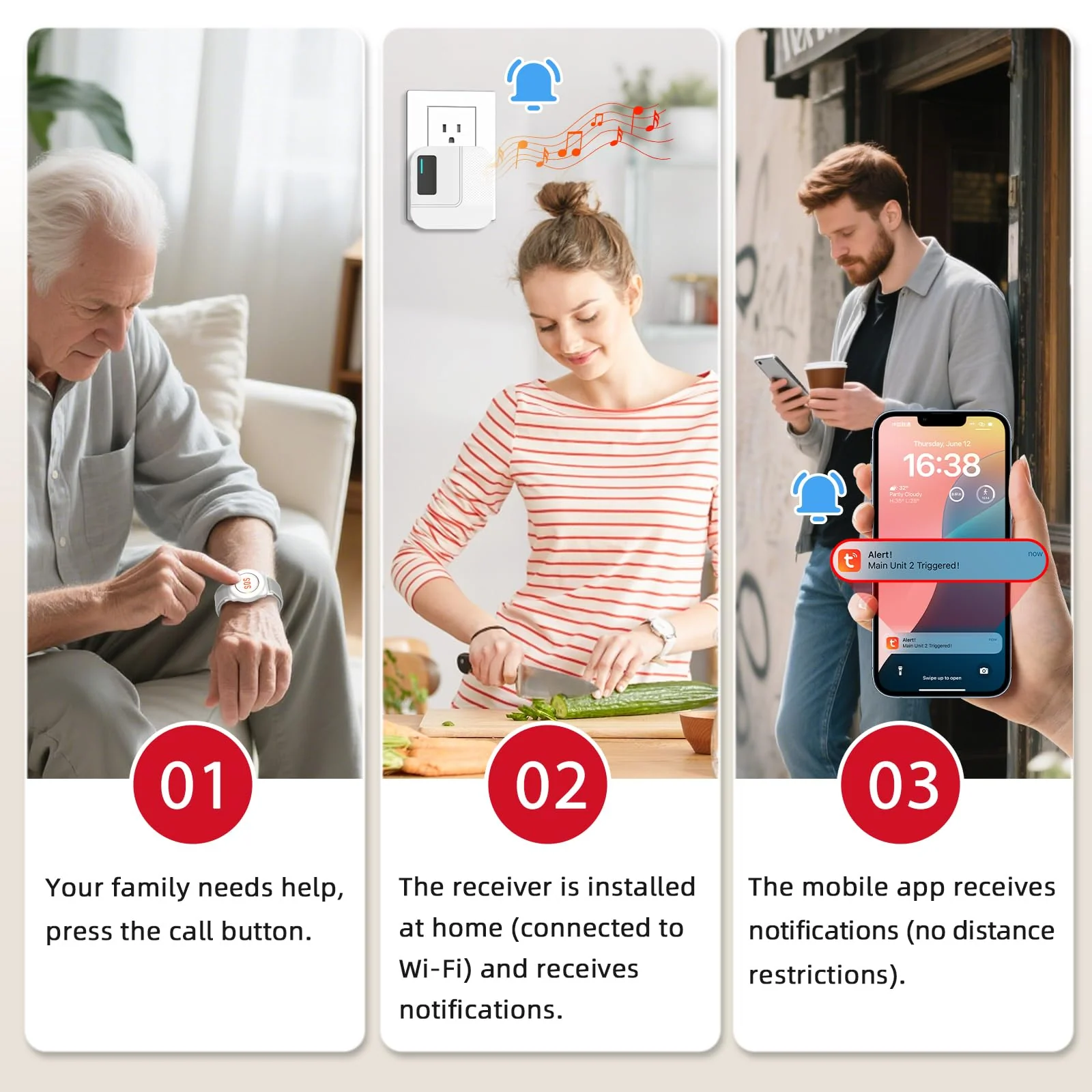 CallToU Wi-Fi Wireless Caregiver Pager Call Button for Elderly at Home , APP Emergency Alert for Seniors, Patients, and The Disabled white 3+1 - Image 2