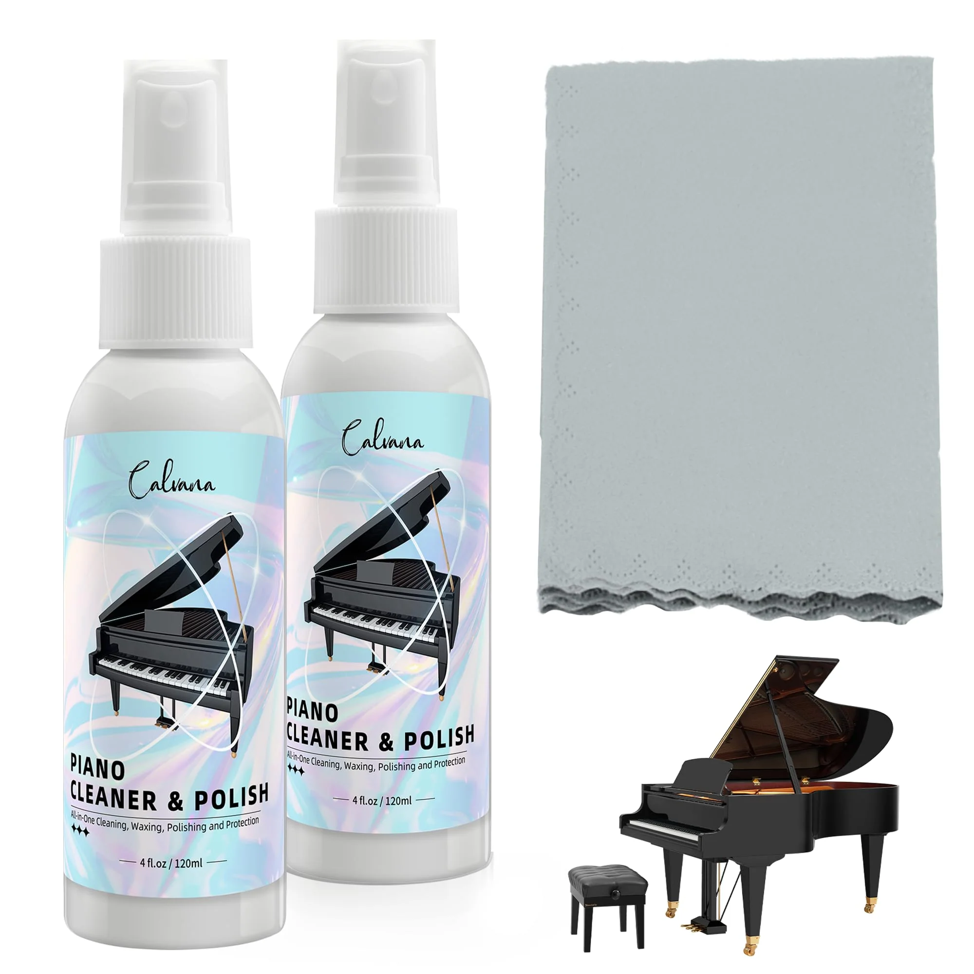 Calvana (2-Pack) 2-in-1 Piano Cleaner and Polish Kit, Includes 12x12 Microfiber Cleaning Cloth, Piano Accessories for Most Piano Surfaces, Grand Piano, Digital Piano, Baby Grand Piano, Violin, 4 OZĂ—2 Cleaning & Polish Kit with Cleaning Cloth 2pk