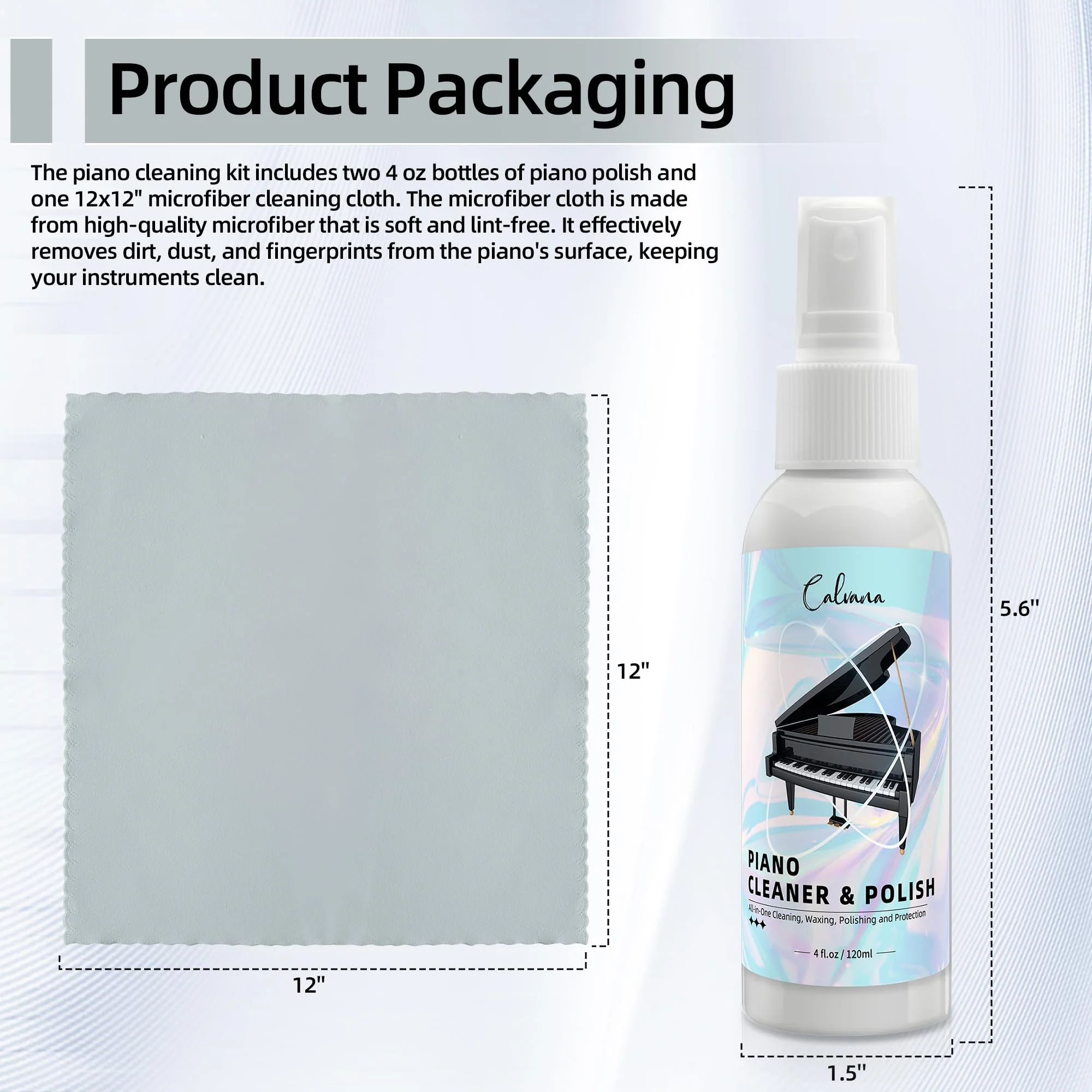 Calvana (2-Pack) 2-in-1 Piano Cleaner and Polish Kit, Includes 12x12 Microfiber Cleaning Cloth, Piano Accessories for Most Piano Surfaces, Grand Piano, Digital Piano, Baby Grand Piano, Violin, 4 OZĂ—2 Cleaning & Polish Kit with Cleaning Cloth 2pk - Image 2