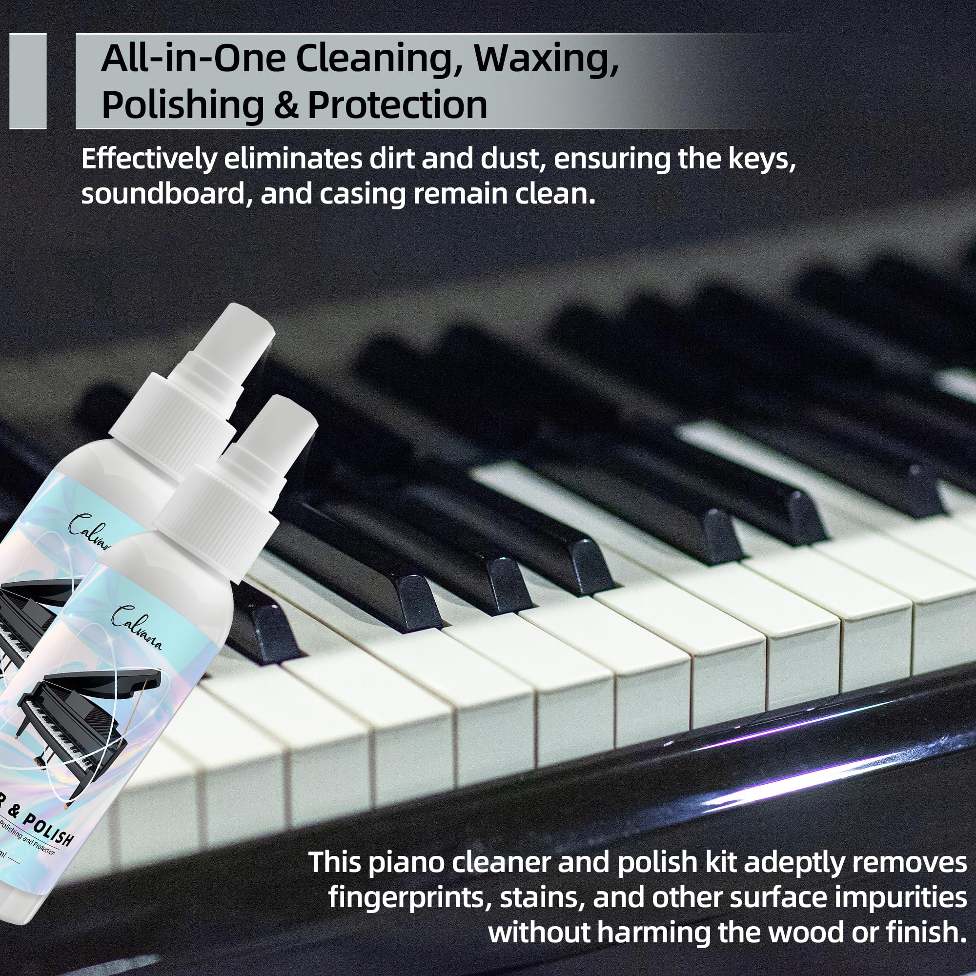 Calvana (2-Pack) 2-in-1 Piano Cleaner and Polish Kit, Includes 12x12 Microfiber Cleaning Cloth, Piano Accessories for Most Piano Surfaces, Grand Piano, Digital Piano, Baby Grand Piano, Violin, 4 OZĂ—2 Cleaning & Polish Kit with Cleaning Cloth 2pk - Image 3
