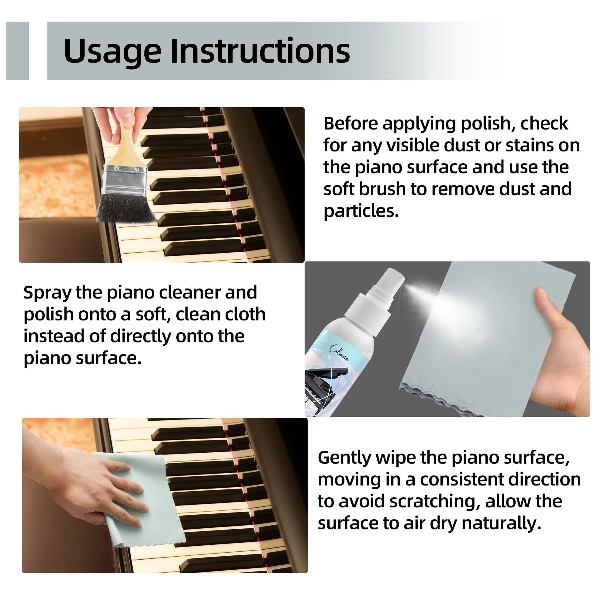 Calvana (2-Pack) 2-in-1 Piano Cleaner and Polish Kit, Includes 12x12 Microfiber Cleaning Cloth, Piano Accessories for Most Piano Surfaces, Grand Piano, Digital Piano, Baby Grand Piano, Violin, 4 OZĂ—2 Cleaning & Polish Kit with Cleaning Cloth 2pk - Image 4