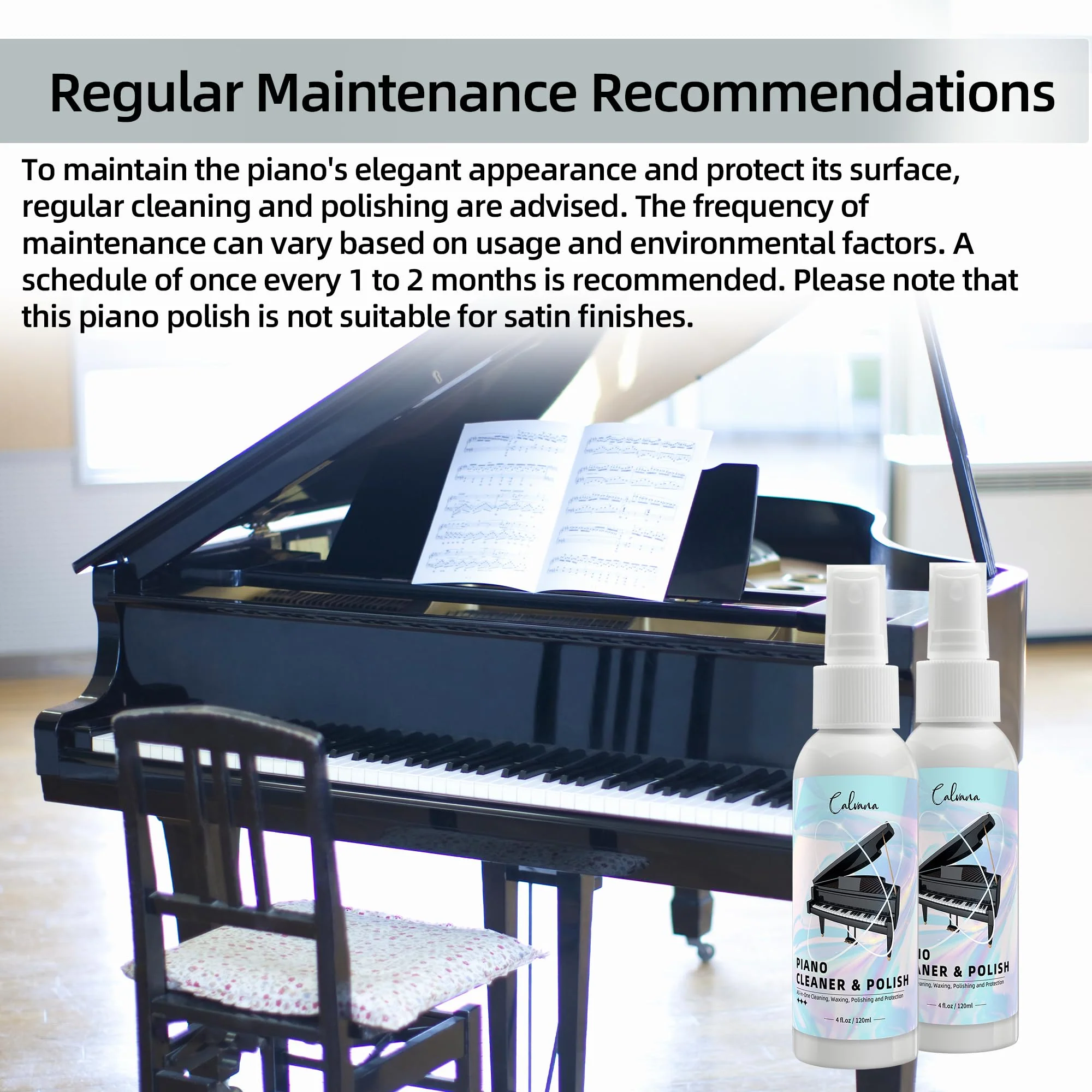 Calvana (2-Pack) 2-in-1 Piano Cleaner and Polish Kit, Includes 12x12 Microfiber Cleaning Cloth, Piano Accessories for Most Piano Surfaces, Grand Piano, Digital Piano, Baby Grand Piano, Violin, 4 OZĂ—2 Cleaning & Polish Kit with Cleaning Cloth 2pk - Image 5