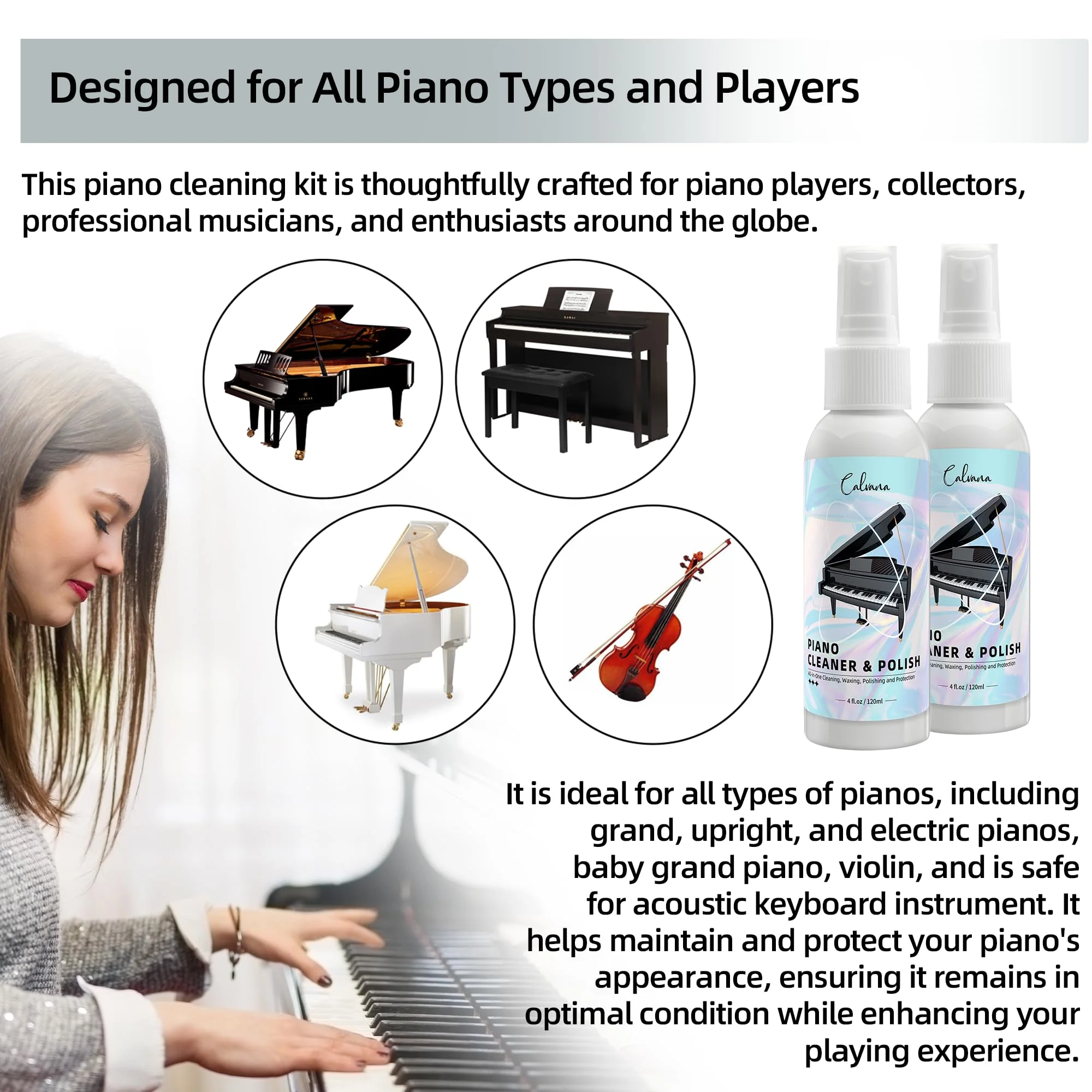 Calvana (2-Pack) 2-in-1 Piano Cleaner and Polish Kit, Includes 12x12 Microfiber Cleaning Cloth, Piano Accessories for Most Piano Surfaces, Grand Piano, Digital Piano, Baby Grand Piano, Violin, 4 OZĂ—2 Cleaning & Polish Kit with Cleaning Cloth 2pk - Image 6