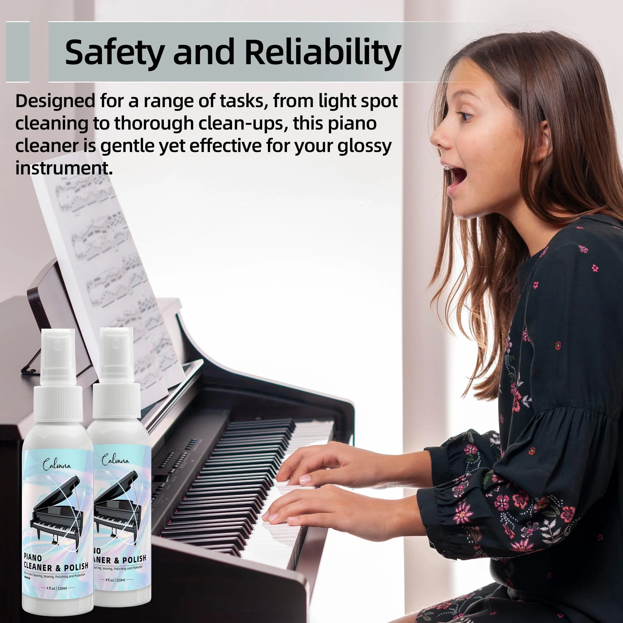 Calvana (2-Pack) 2-in-1 Piano Cleaner and Polish Kit, Includes 12x12 Microfiber Cleaning Cloth, Piano Accessories for Most Piano Surfaces, Grand Piano, Digital Piano, Baby Grand Piano, Violin, 4 OZĂ—2 Cleaning & Polish Kit with Cleaning Cloth 2pk - Image 7