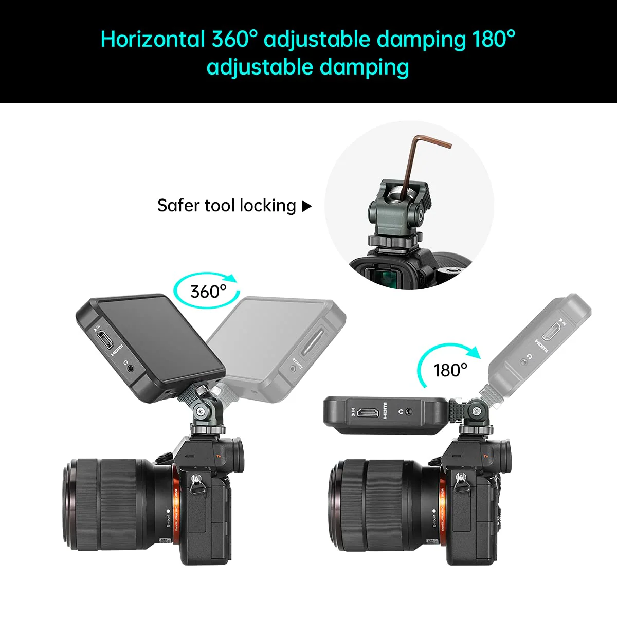 Camera Monitor Mount with Cold Shoe 1/4 Screw for 5" & 7" Monitor, 360°Swivel and 176° Tilt Field Mount Holder for LED Lights, Flash, Microphone, Video Shooting Photography Accessories - Image 2