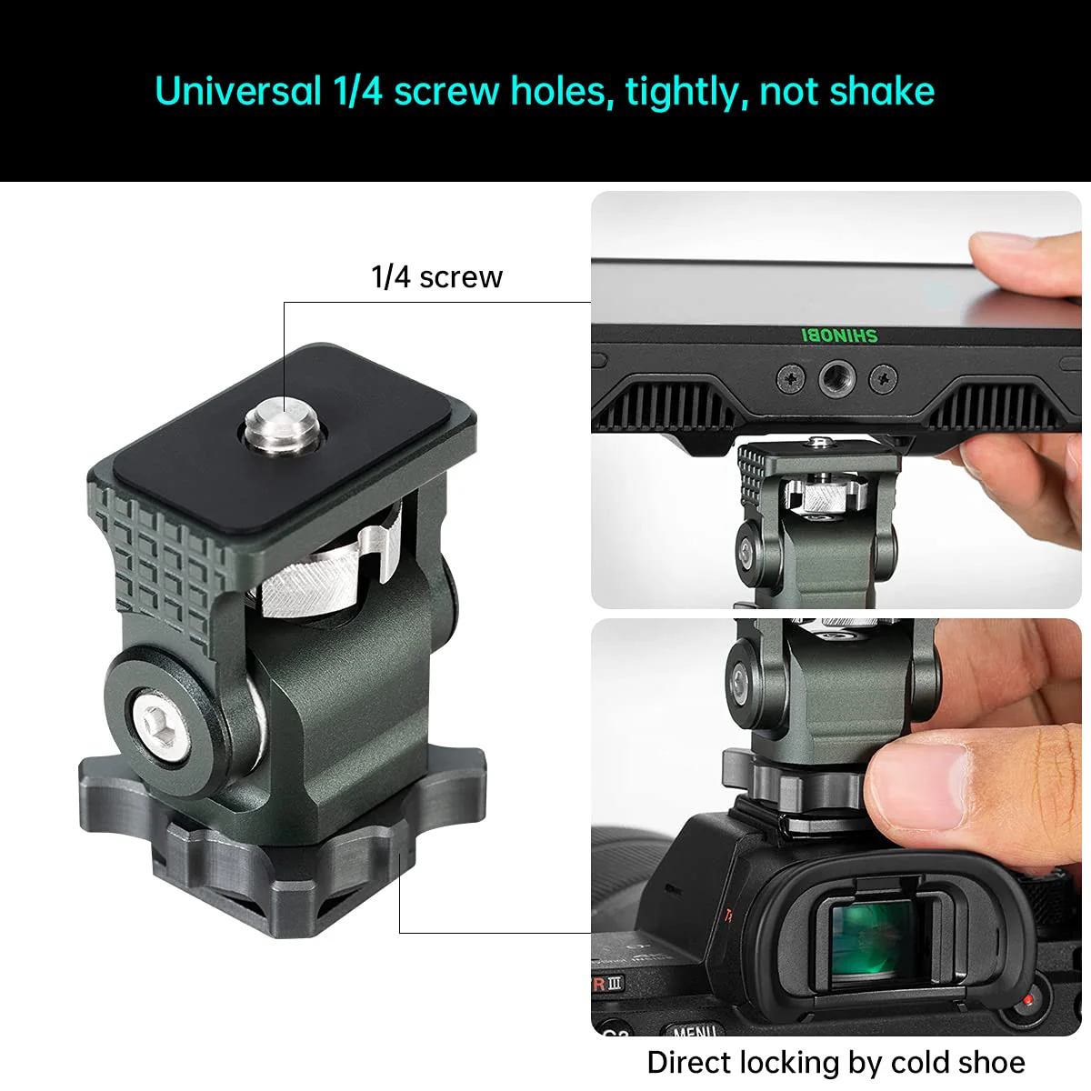 Camera Monitor Mount with Cold Shoe 1/4 Screw for 5" & 7" Monitor, 360°Swivel and 176° Tilt Field Mount Holder for LED Lights, Flash, Microphone, Video Shooting Photography Accessories - Image 3