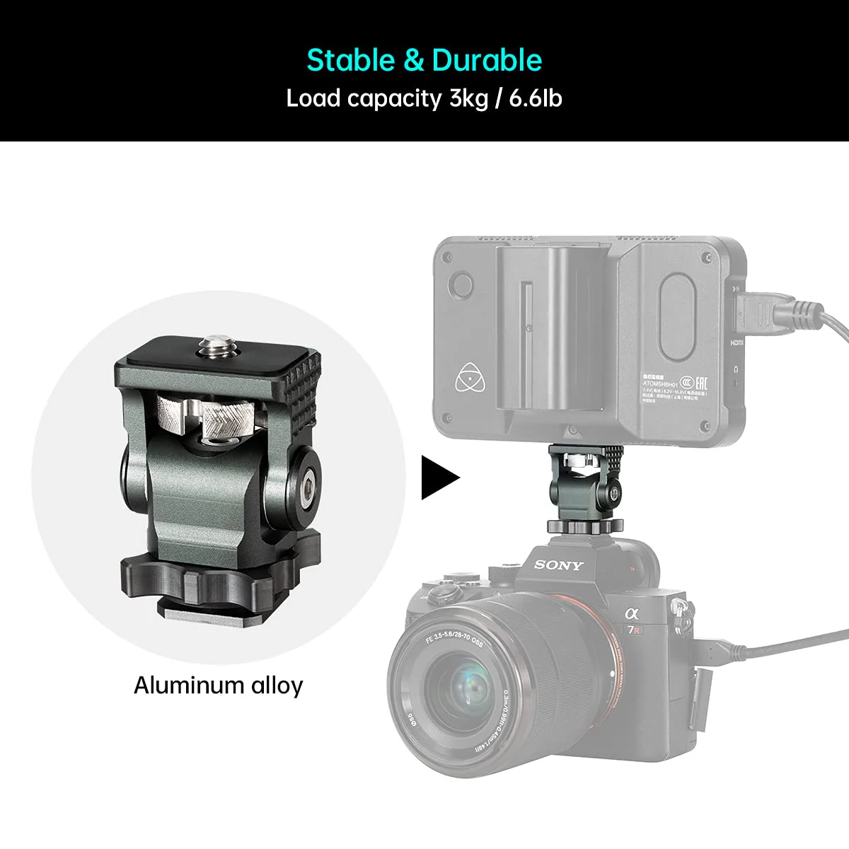 Camera Monitor Mount with Cold Shoe 1/4 Screw for 5" & 7" Monitor, 360°Swivel and 176° Tilt Field Mount Holder for LED Lights, Flash, Microphone, Video Shooting Photography Accessories - Image 4