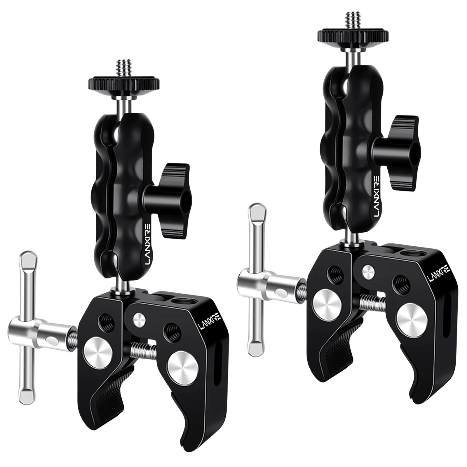 Camera Mount Clamp with Double Ball Head Adapter - 2 Pack. Compatible with LED Lights, Gopro, Insta360, DJI Action, Ronin-M, Ronin MX. 360° Ballhead and 1/4’’ + 3/8’’ Thread Hole.
