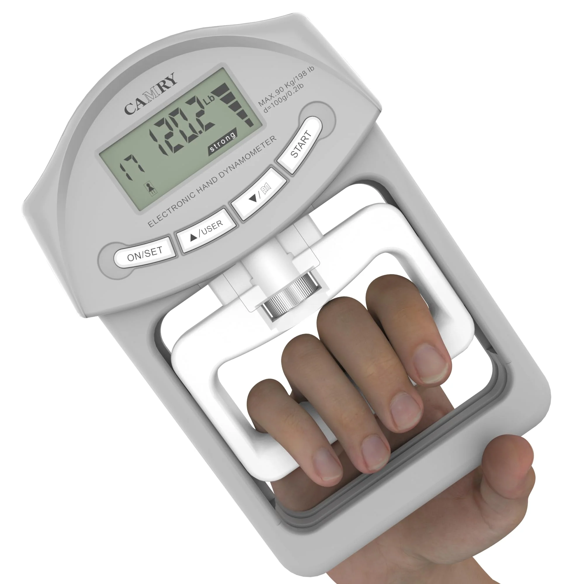 CAMRY Digital Hand Dynamometer Grip Strength Measurement Meter 198Lbs / 90Kgs Auto Capturing Electronic Hand Grip Power Grey & White