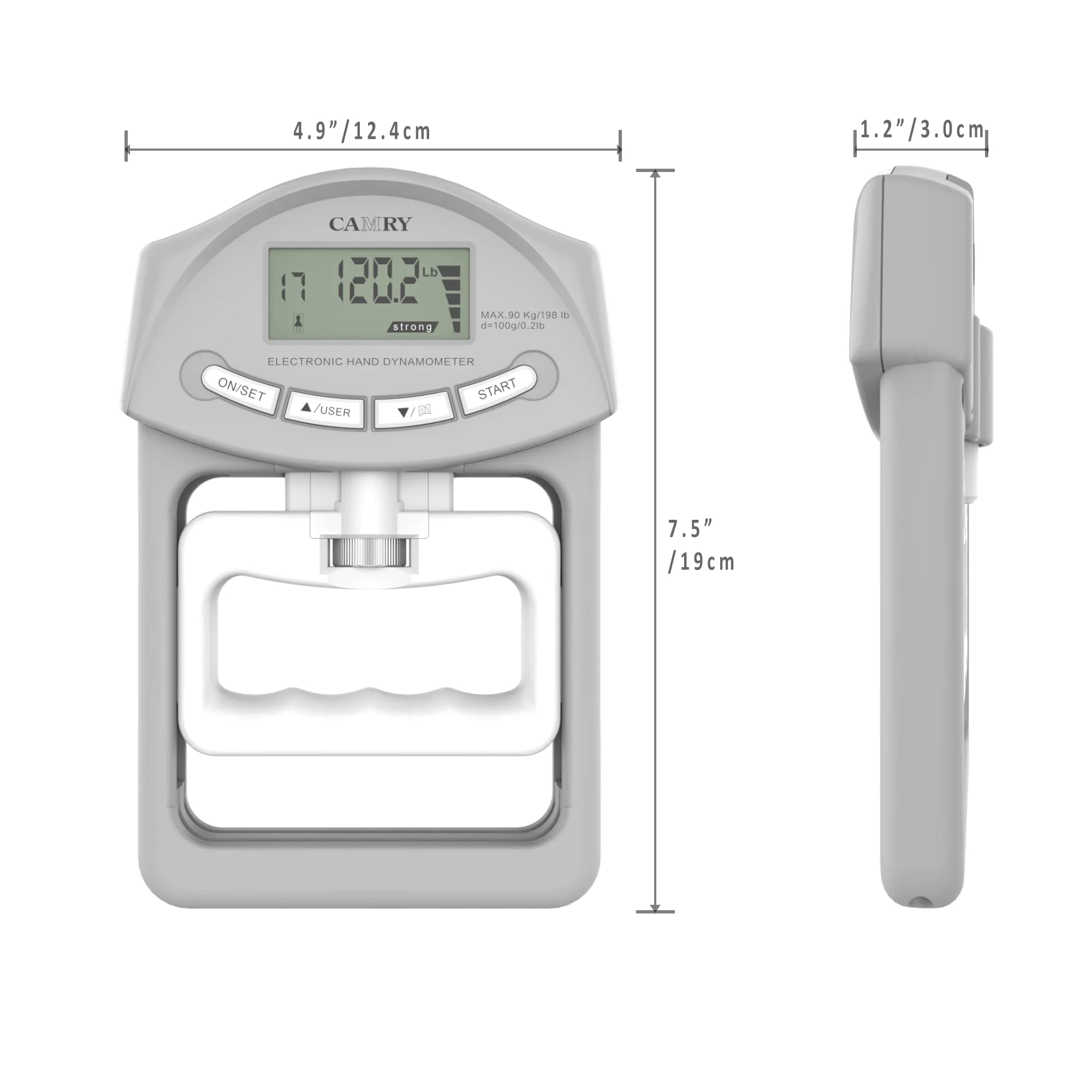 CAMRY Digital Hand Dynamometer Grip Strength Measurement Meter 198Lbs / 90Kgs Auto Capturing Electronic Hand Grip Power Grey & White - Image 2