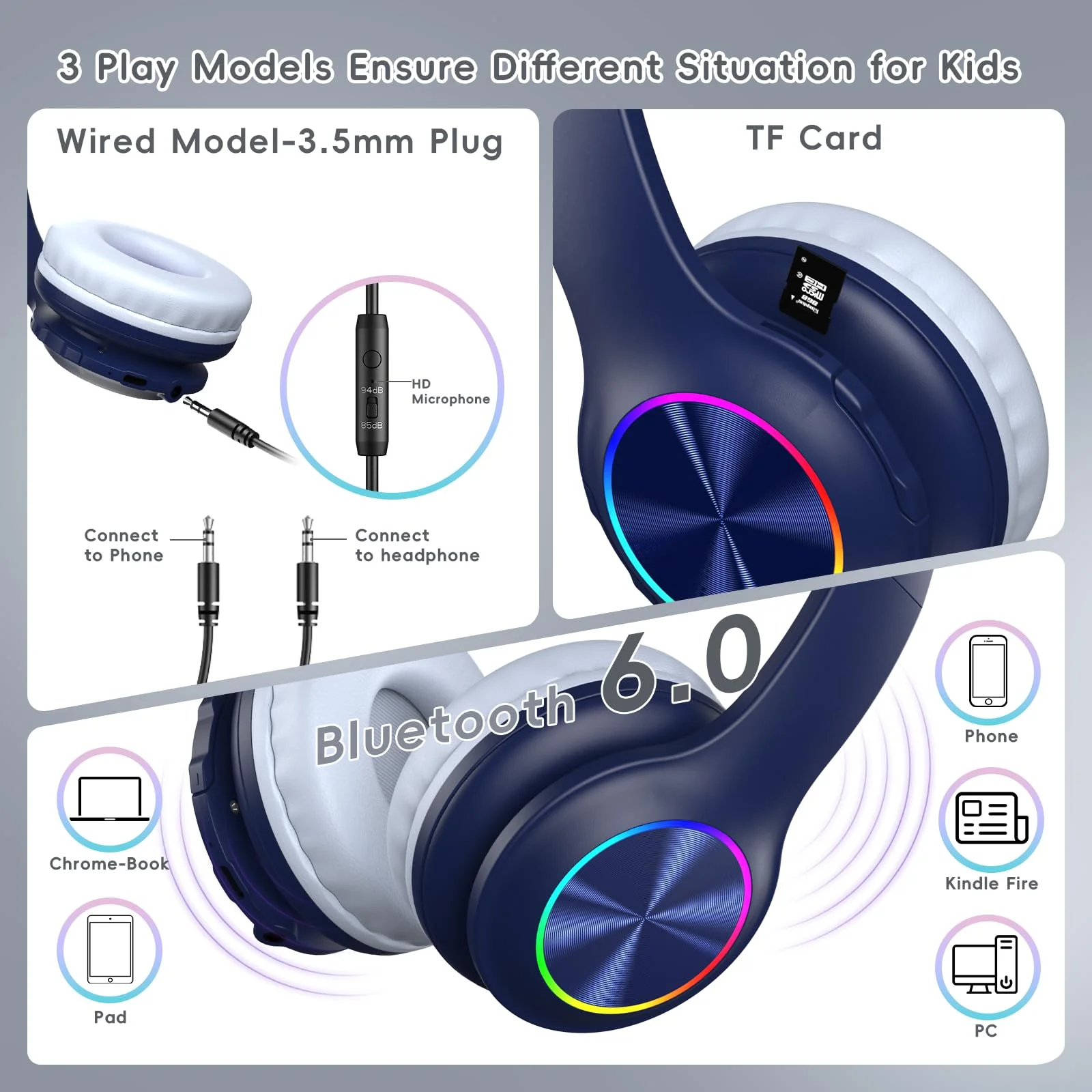 Candy Bila Kids Bluetooth 6.0 Headphones with LED Light, 85Hours Playtimes, Type-C Fast Charging, 85/94dB Volume Limited, Comfort Wireless Headphones with Built-in Mic, Wired & TF Card Mode, Navy Blue - Image 3