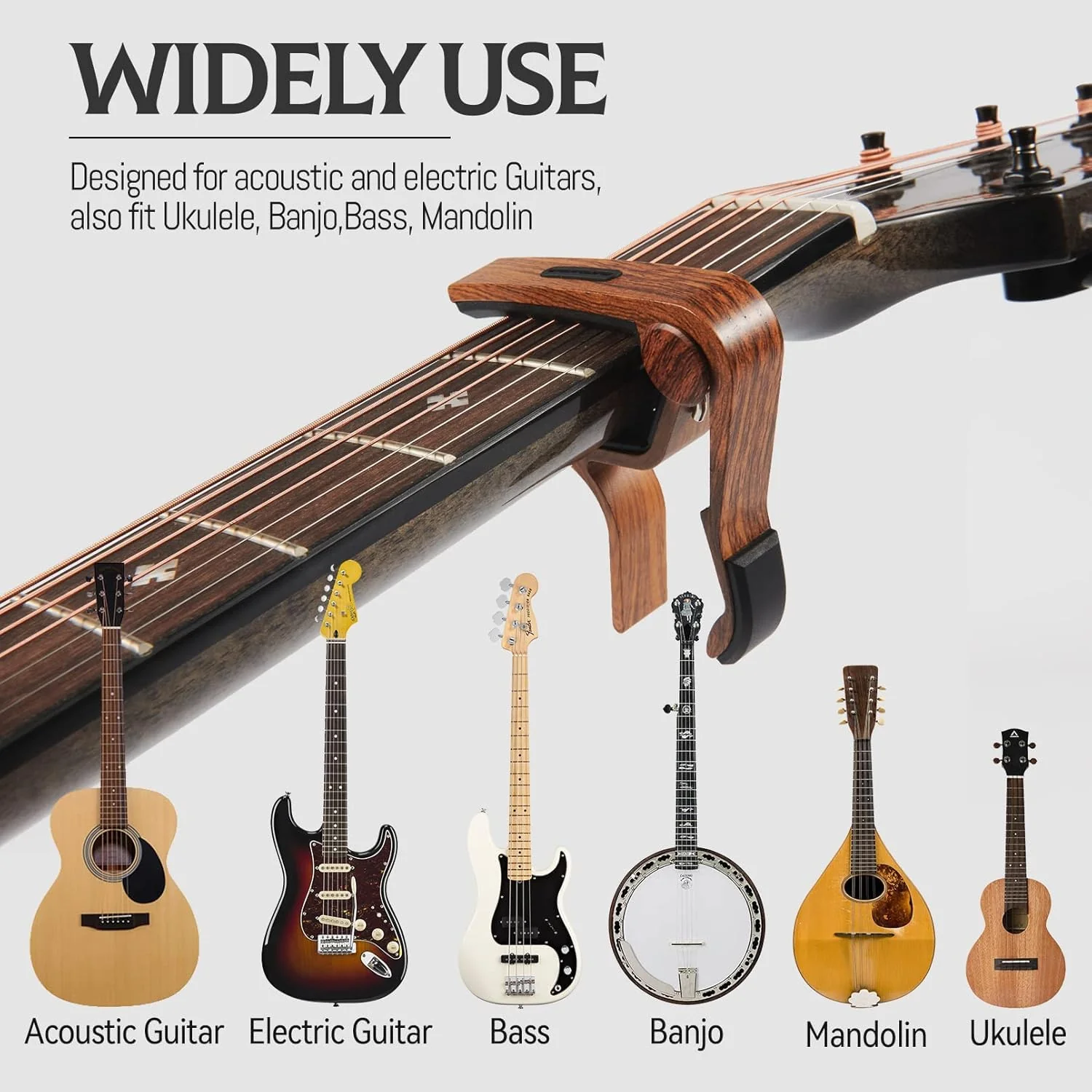 Capo 8Pack Guitar Capo with Pick Holder for Acoustic and Electric Guitar, Ukelele, Bass, Banjo RoseWood Capo 8Pack Rosewood - Image 4