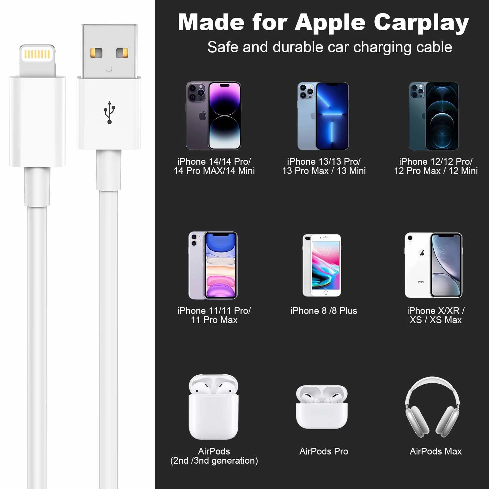 Car Apple Carplay Cableļ¼USB A to Lightning Cable Compatible with iPhone 14 13 12 11 Pro Max XR XS X Charger Cordļ¼Car Charging Cable White - Image 4