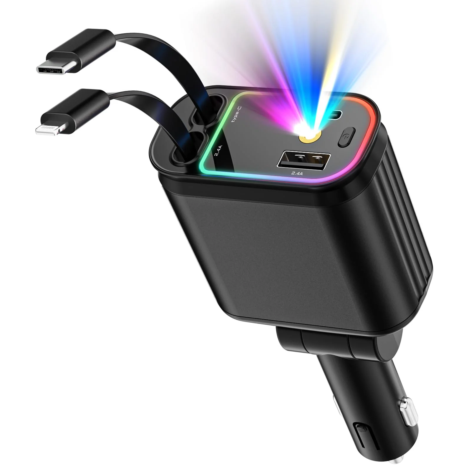 Car Charger with Starlight, 66W USB C Car Charger Adapter, 4 in 1 Retractable Car Charger with 2 USB Ports Car Phone Charger, Fast Car Charger for iPhone16/15/14/13/12/11 and for Android (Black) Black