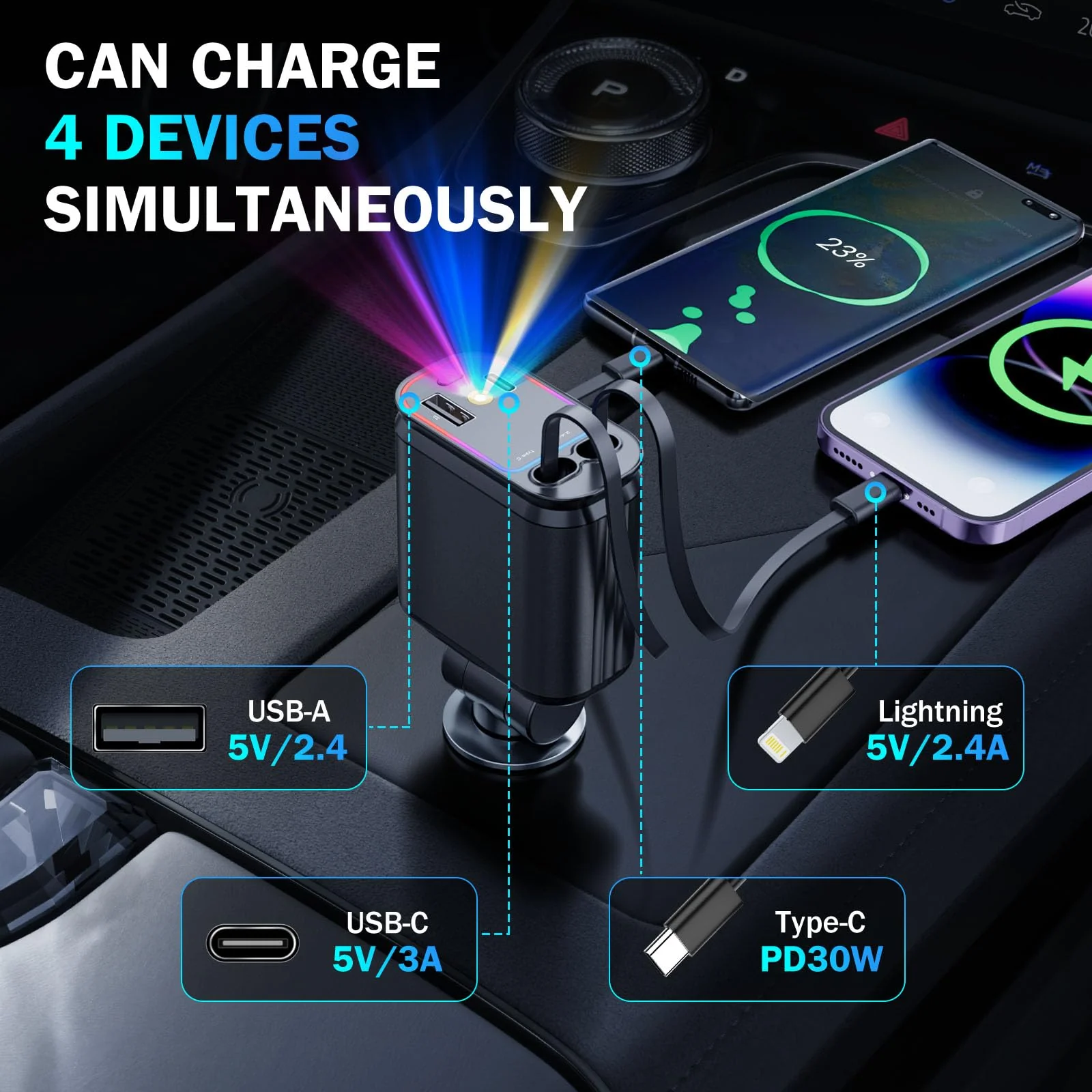 Car Charger with Starlight, 66W USB C Car Charger Adapter, 4 in 1 Retractable Car Charger with 2 USB Ports Car Phone Charger, Fast Car Charger for iPhone16/15/14/13/12/11 and for Android (Black) Black - Image 4