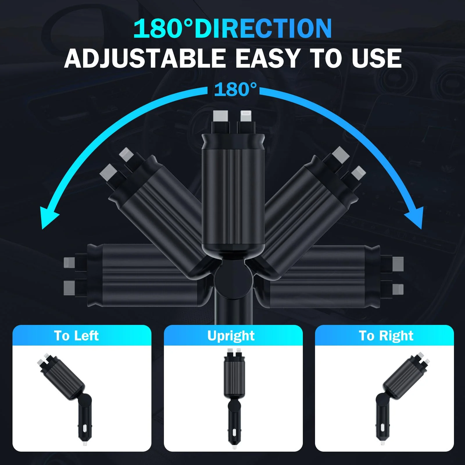 Car Charger with Starlight, 66W USB C Car Charger Adapter, 4 in 1 Retractable Car Charger with 2 USB Ports Car Phone Charger, Fast Car Charger for iPhone16/15/14/13/12/11 and for Android (Black) Black - Image 5