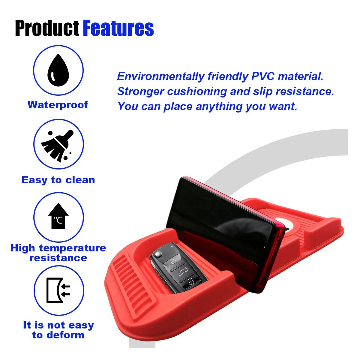 Car Dashboard Anti-Slip Mat Cell Phone Holder, Double-Groove Sticky Gripping Gel Pad with Number Plate, Multifunctional Car Dashboard Sticky Pad Mat for Navigation Cell Phone Sunglass Keys (Red) red - Image 4