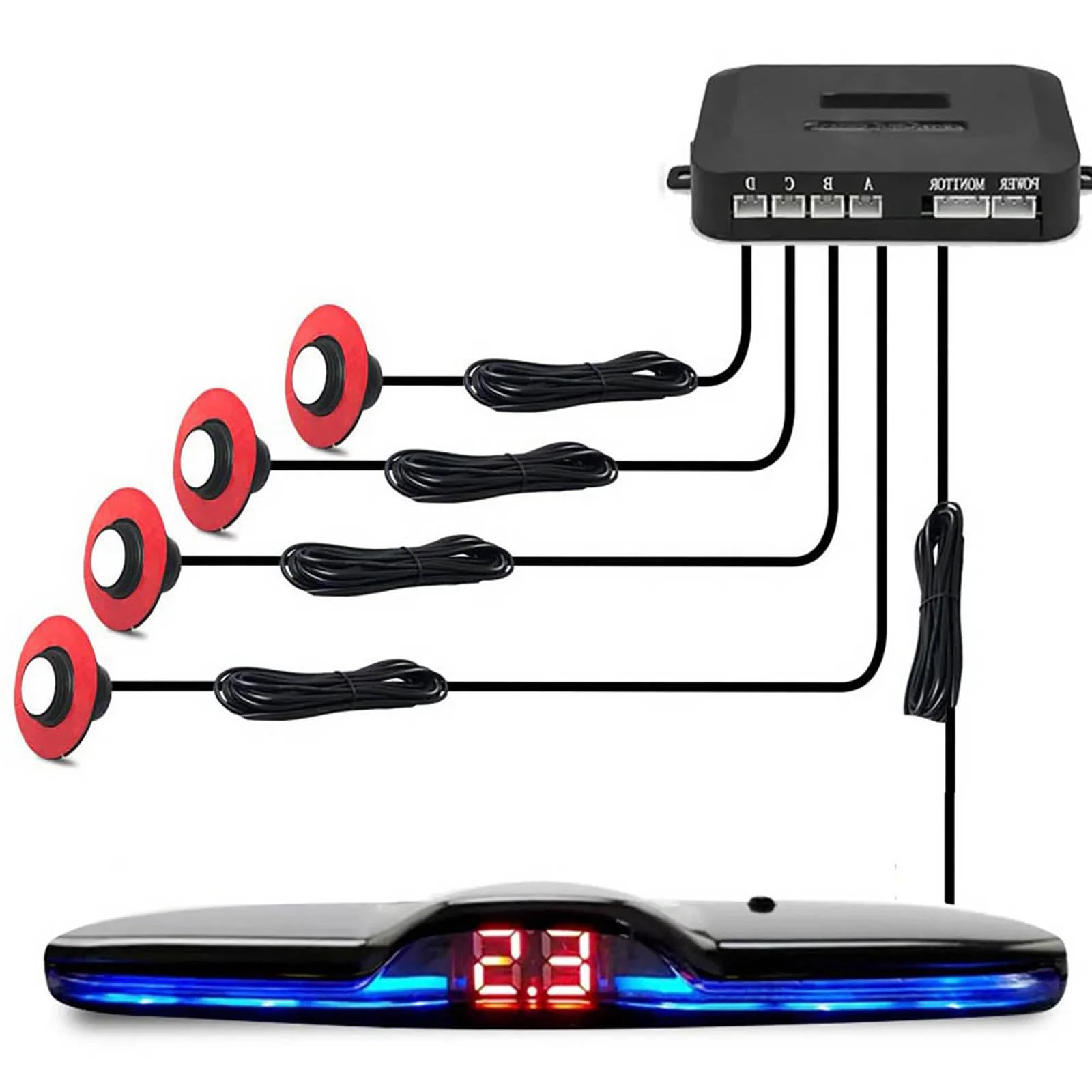 Car Parktronic Parking Built-in Plane Sensors Rear Reversing Radars System with 4 Sensors LED Light Distance Display Warning Buzzer Distance Detection White