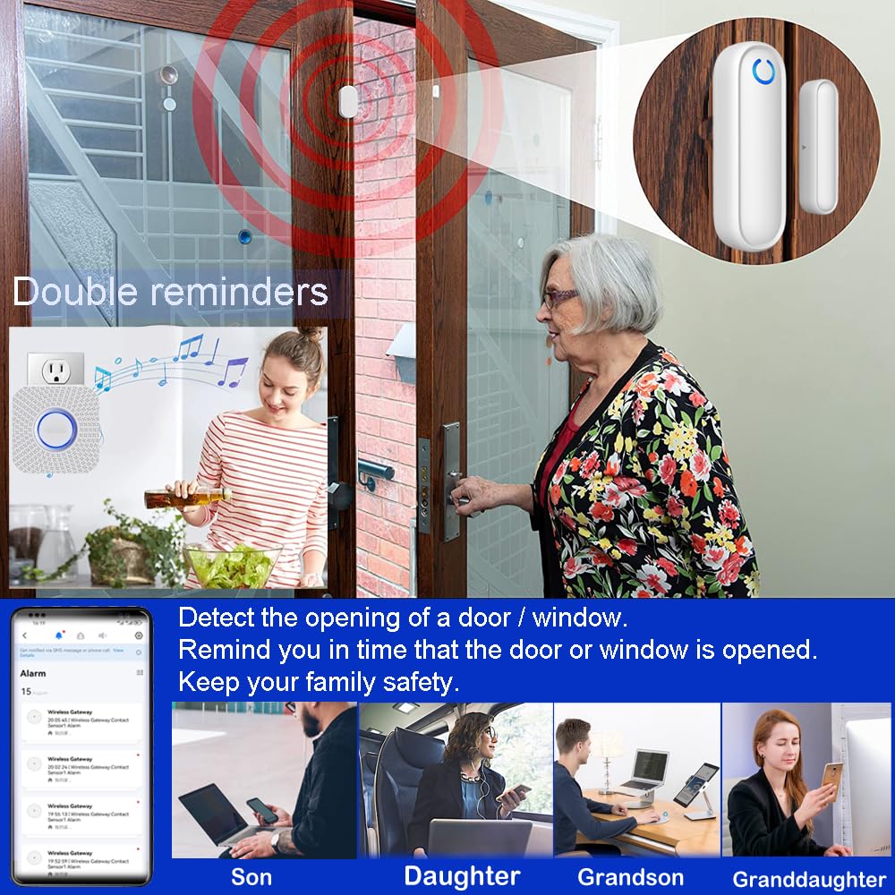 Caregiver Pager WiFi Door Alarms for Dementia Patients with Phone App,WiFi Smart Door Sensor Alarm for Kid Safety/Home Security/Elderly/Business/Store/Mailbox(2 Sensor 1 Gateway) - Image 2