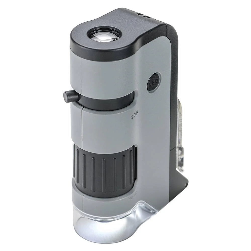 Carson MicroFlip 100x-250x, LED UV Pocket Microscope with Smartphone Clip, STEM Education (MP-250) Single Pack