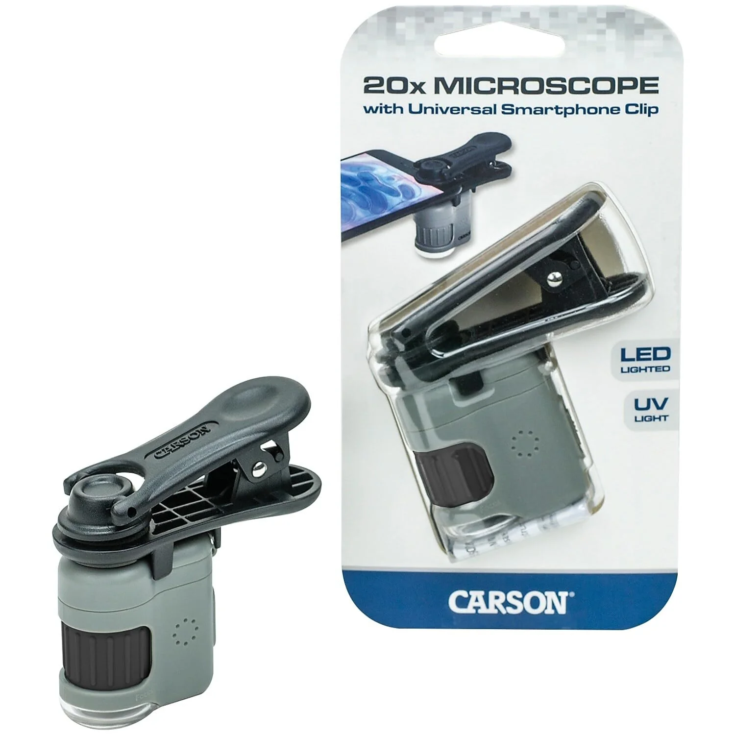 Carson MicroMini 20x LED Lighted Pocket Microscope with Built-in LED and UV Flashlight and Universal Smartphone Digiscoping Adapter Clip (MM-380) Grey Micromini + Smartphone Clip - Image 4