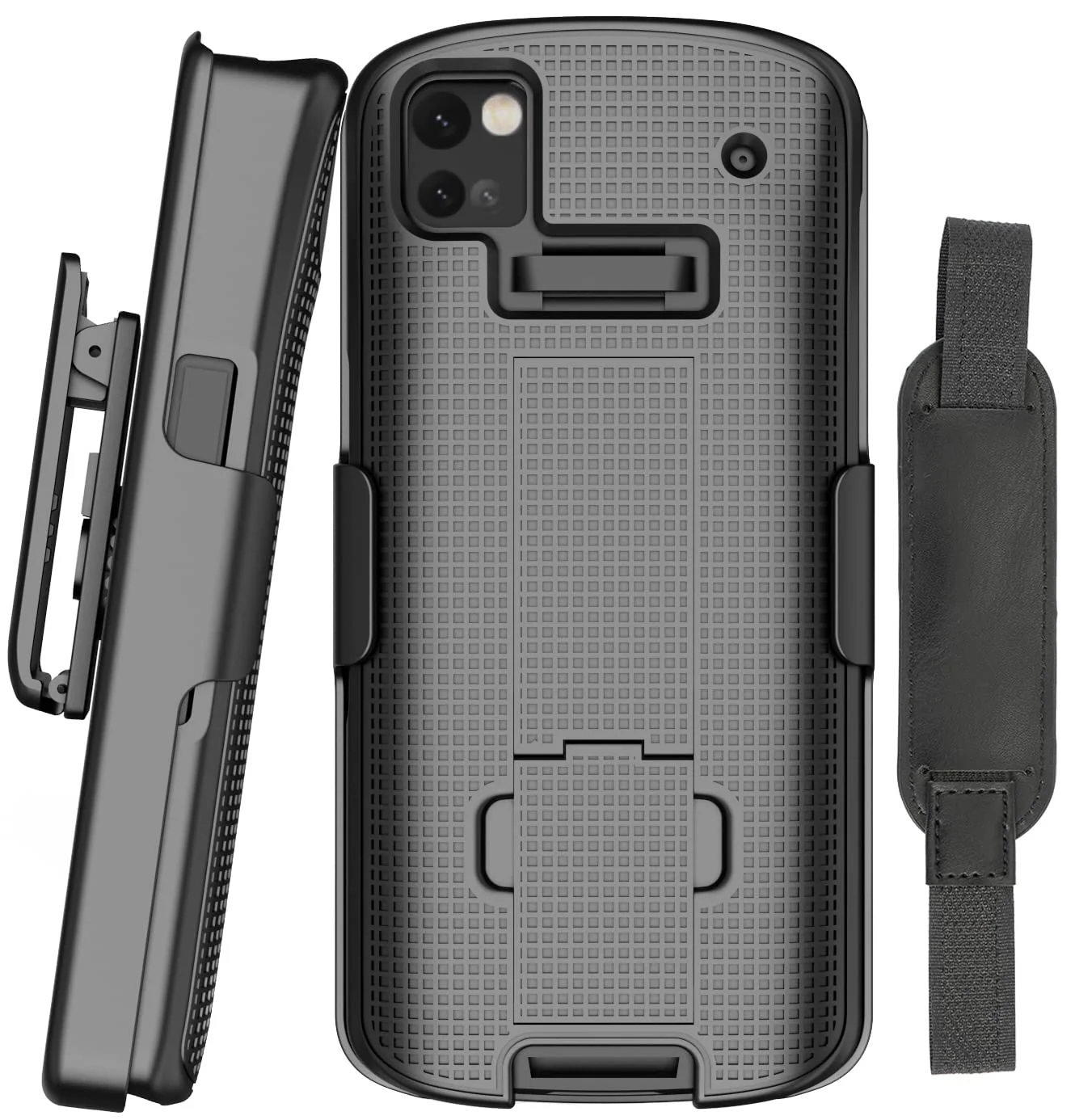 Case + Hand Strap + Belt Clip Combo for Zebra TC53 TC58 Mobile Computer Scanner, Nakedcellphone Slim Hard Shell Cover with Kickstand and [Rotating/Ratchet] Belt Hip Holster Holder Combo - Black