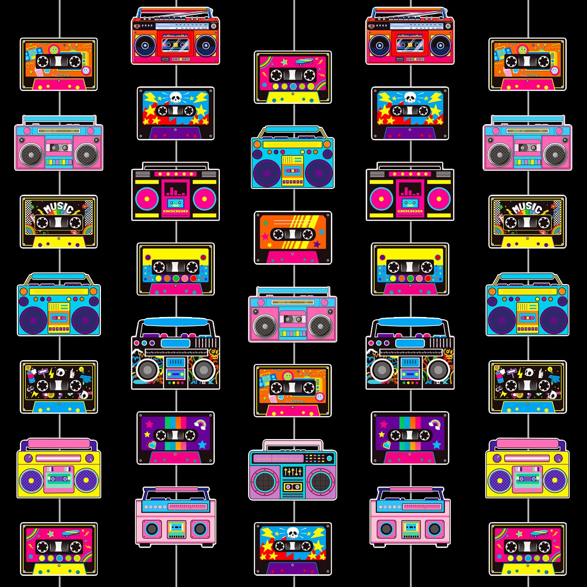 Cassette Tape and Boom Box Garlands 6PCS 80s Party Decorations Retro Radio Cassette Tape Paper Garland Banners 1980s Hanging Decor for 70s 90s Hip Hop Theme Birthday Party Supplies - Image 8