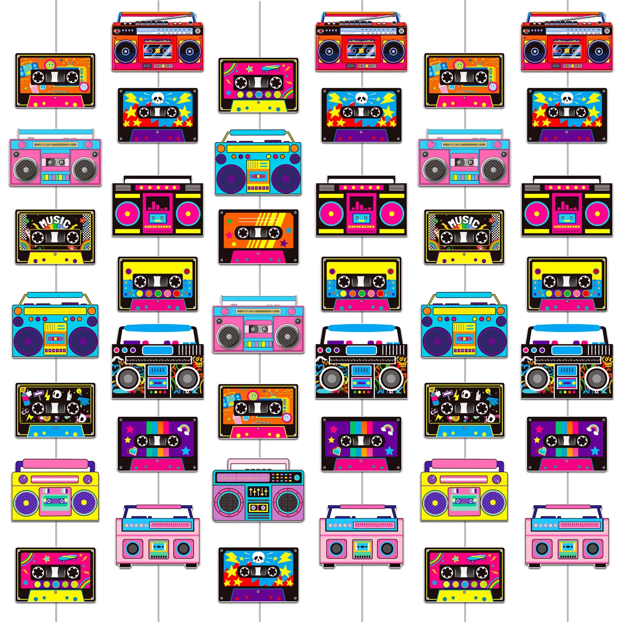 Cassette Tape and Boom Box Garlands 6PCS 80s Party Decorations Retro Radio Cassette Tape Paper Garland Banners 1980s Hanging Decor for 70s 90s Hip Hop Theme Birthday Party Supplies - Image 9
