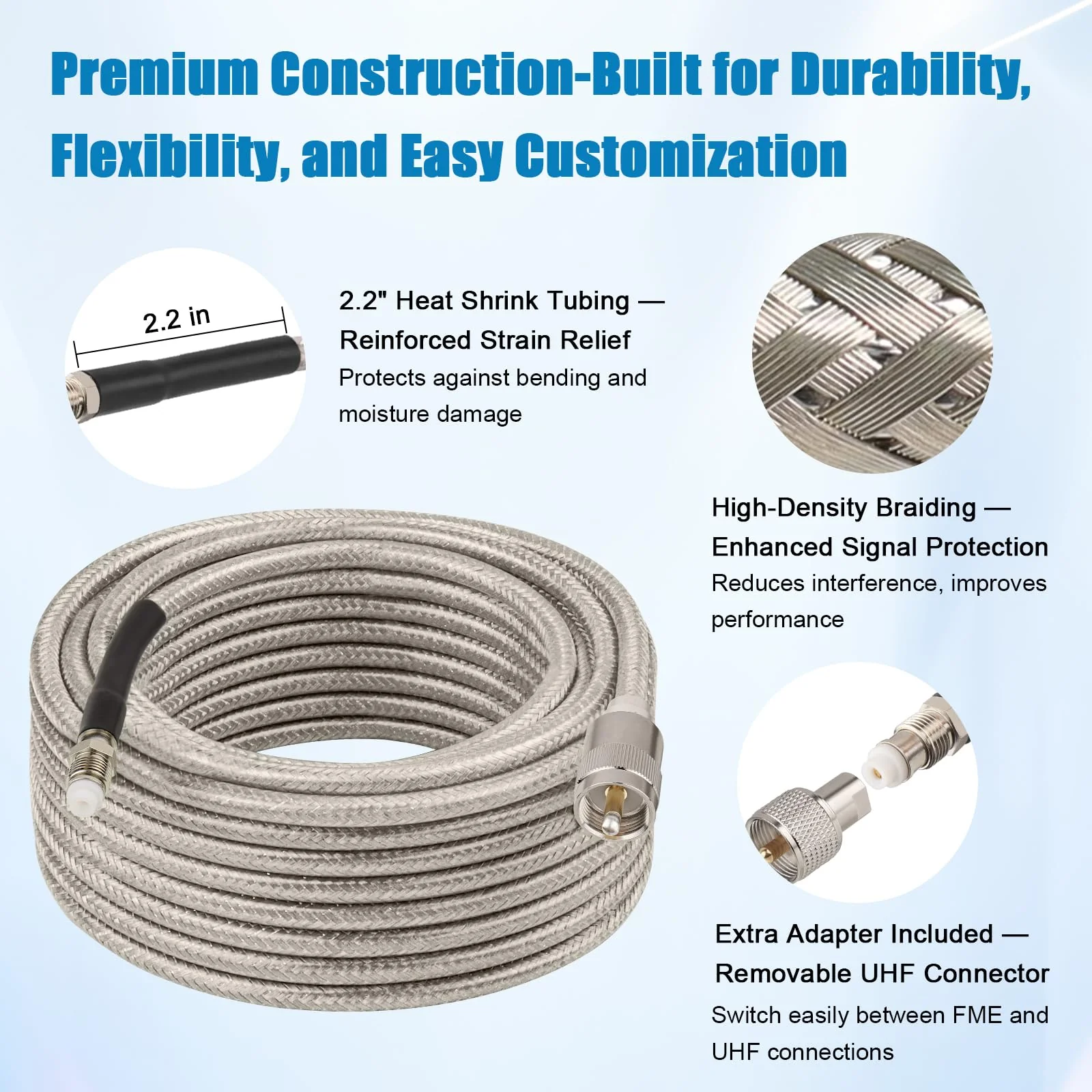 CB Coax Cable 10FT, RG8X FME Female to UHF PL-259 Male with FME Male to PL-259 Adapter, Low Loss RF Coaxial Cable for Antenna, CB Radio, Ham Radio, Marine, Mobile, and GPS Systems - Image 5