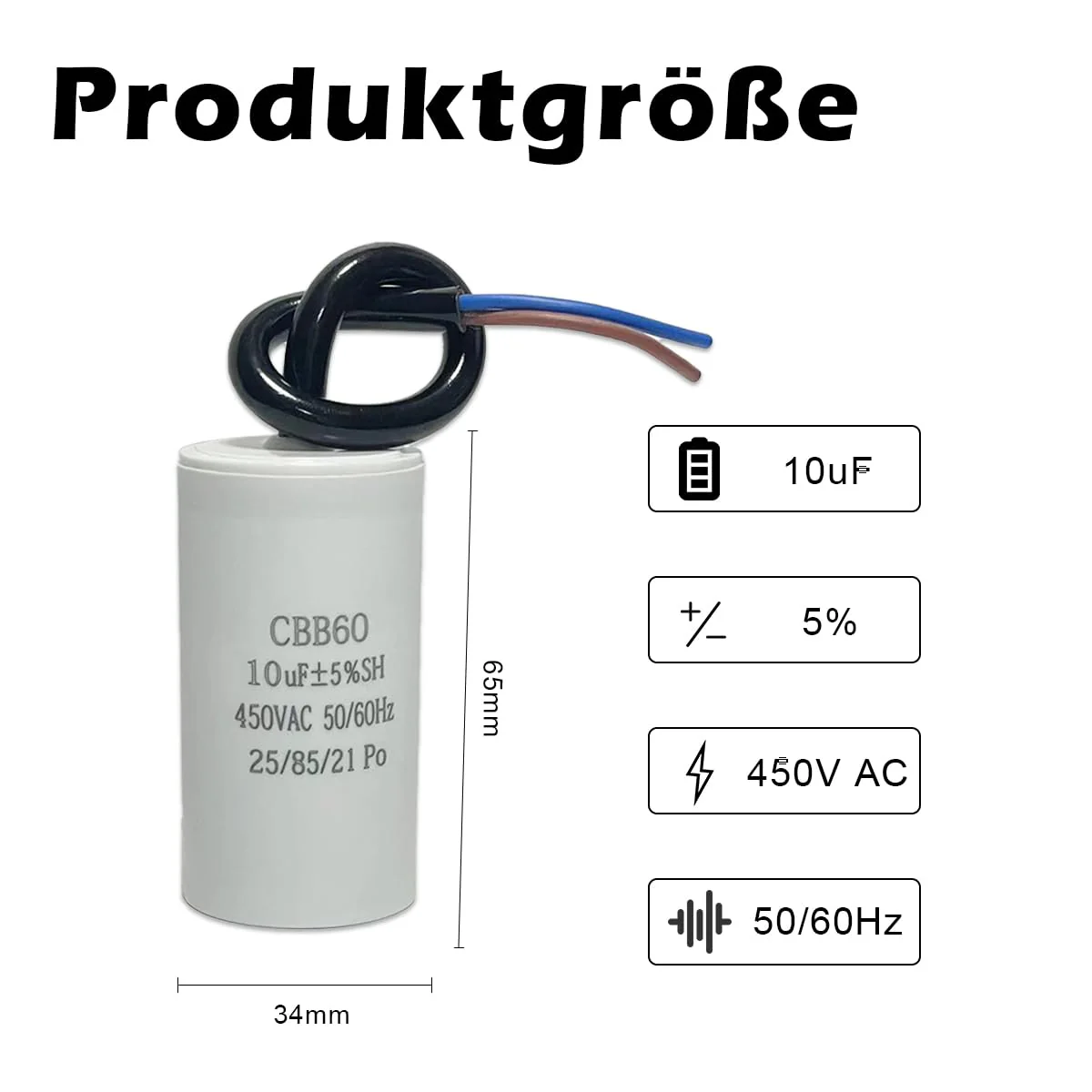 CBB60 450V 10uf 50/60HZ Starting Capacitor, Motor Operation Capacitor, ANGEEK Motor Capacitor, Suppression Capacitor, Engine Start Capacitor, Microfarad Capacitor with Wire - Image 2