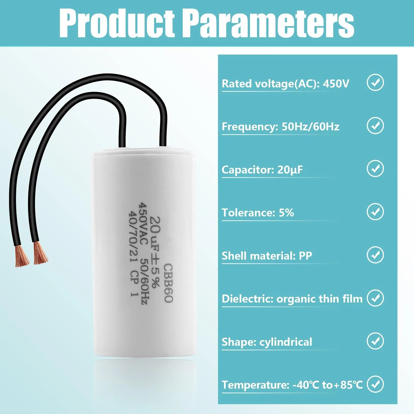 CBB60 450V 20Uf Capacitor Starting Capacitor 50/60Hz Motor Capacitor Work Capacitor Cable Start Microfarad Operation with M8 Wires for Electric Motor, Dryer, Pump, Pool, Air Conditioning - Image 3