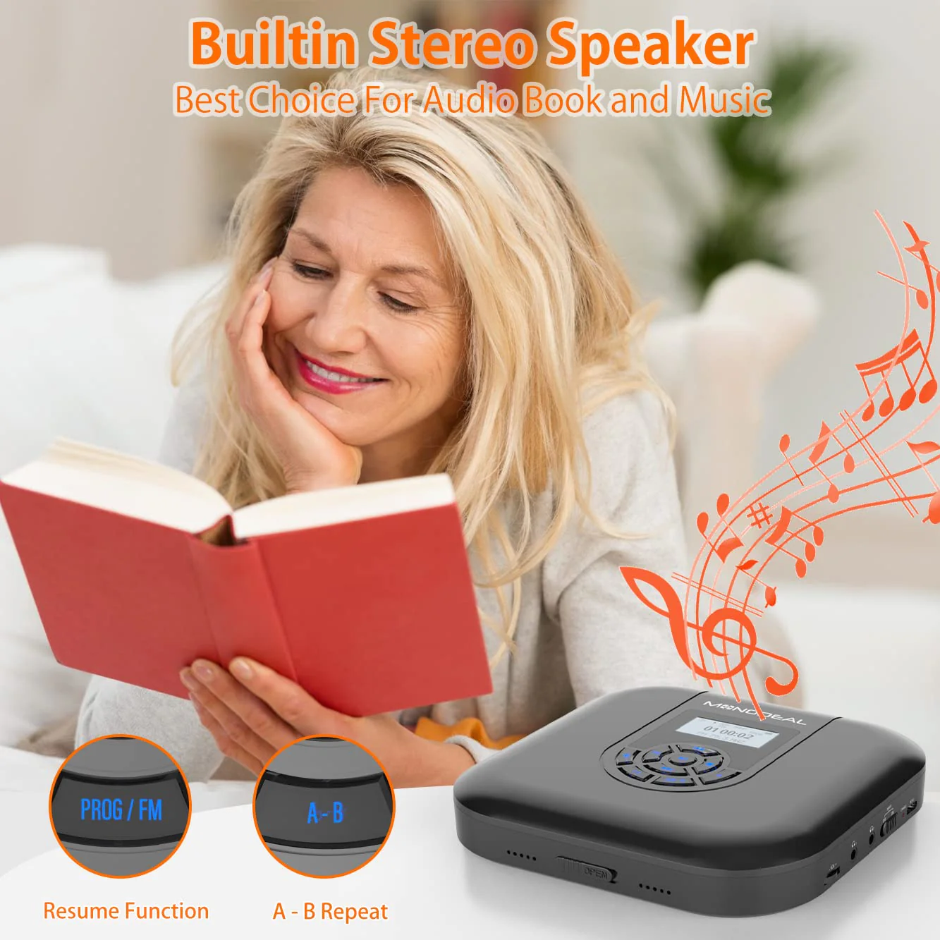 CD Player Portable, MONODEAL Bluetooth CD Player with Speakers and FM Transmitter, Rechargeable 1800mAh CD Player for Car and Home with LED Screen - Image 4