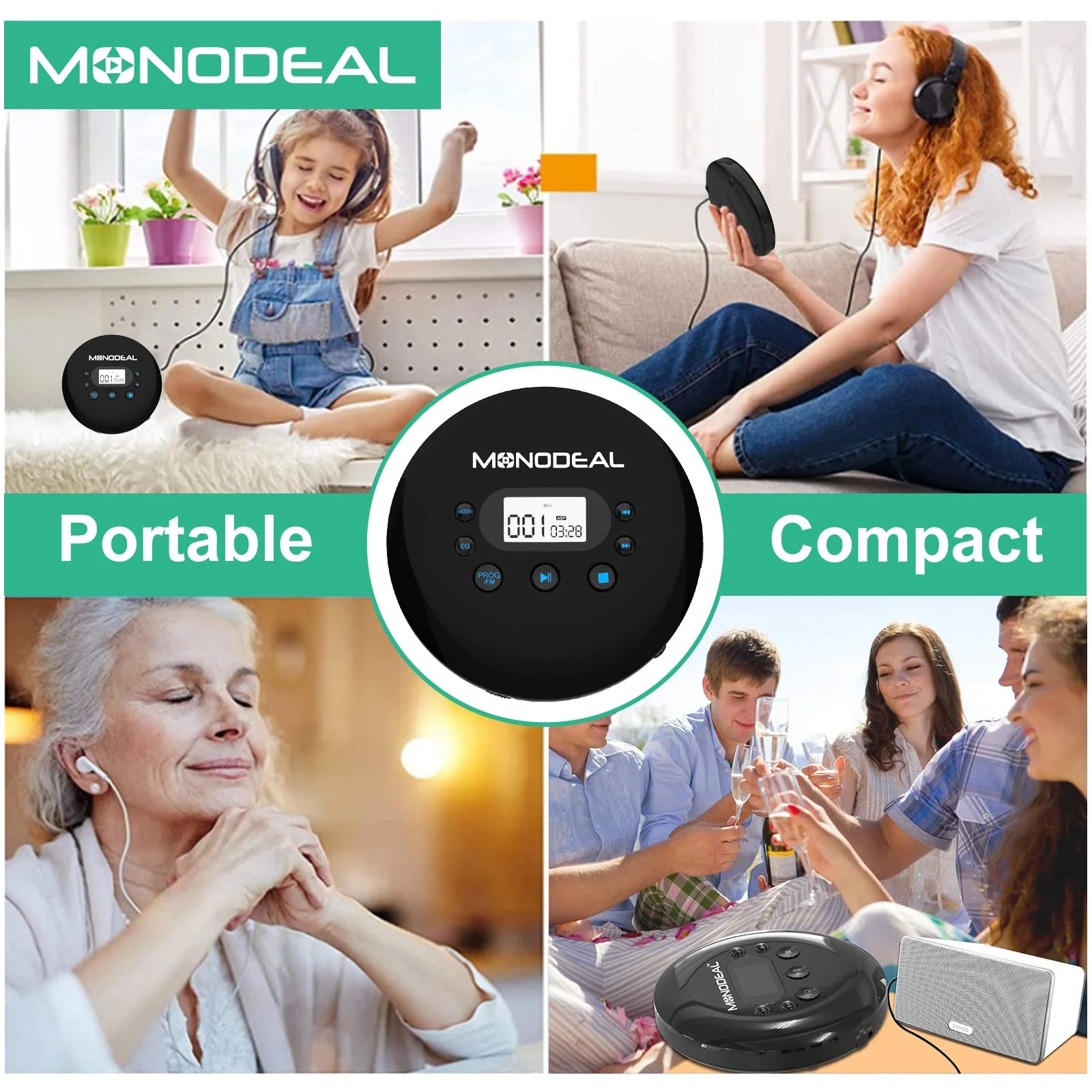 CD Player Portable, MONODEAL Portable CD Player with FM Transmitter, Rechargeable Player for Car for Home Travel with Anti-Skip Protection Compact Player with Headphones - Image 8