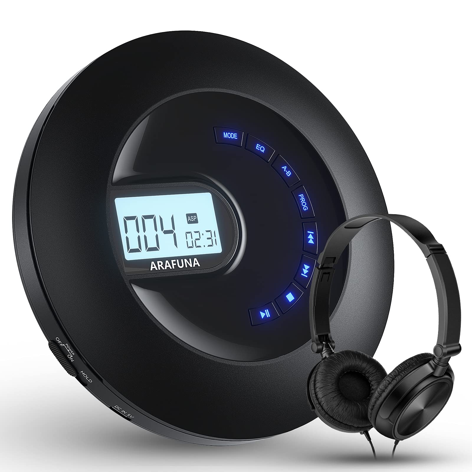 CD Player Portable, Rechargeable Portable CD Player for Car and Travel, Walkman CD Player with Headphone and Anti-Skip/Shockproof, Personal CD Player with LCD Display, AUX Cable, Backlight Black
